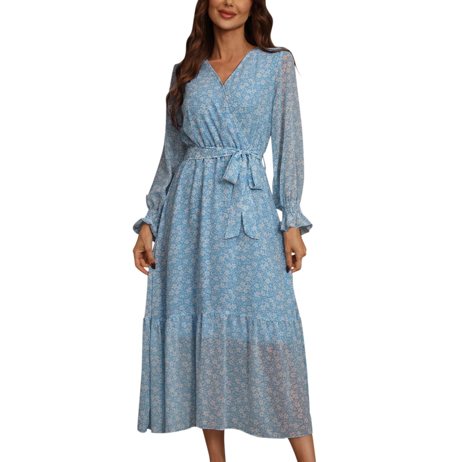 Boho Floral Print Maxi Dress for Women - Long Sleeve Wrap V-Neck with Pleated Belt, A-Line Flowy Ruffled Dress for Beach, Wedding & Party Occasions