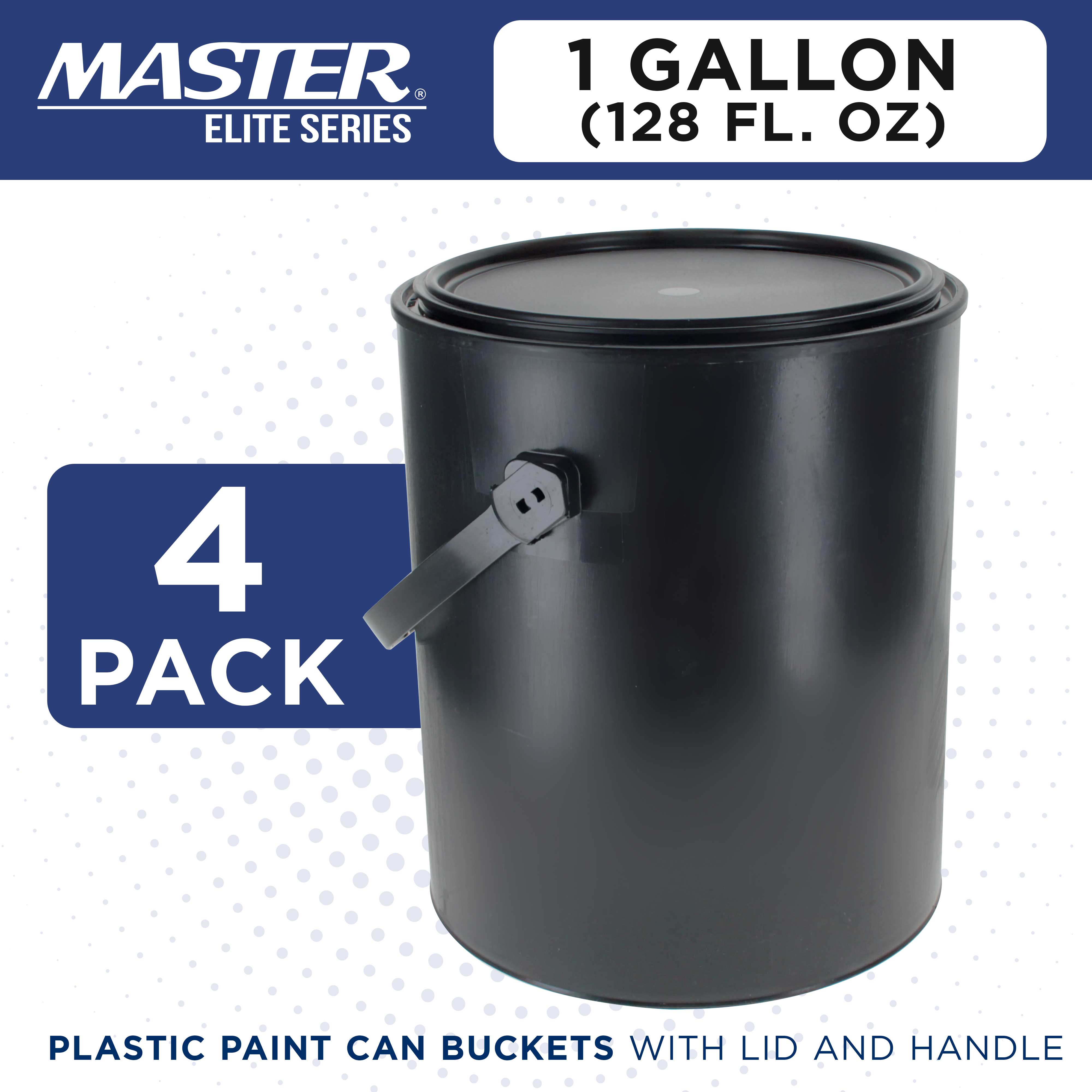 Master Elite 1 Gallon (128 fl oz) Empty Plastic Paint Bucket with Triple Lock Airtight Lid - Pack of 4 - All Plastic Coating Storage Can with Handle - Perfect for Paint Storage, DIY Projects & Home Organization