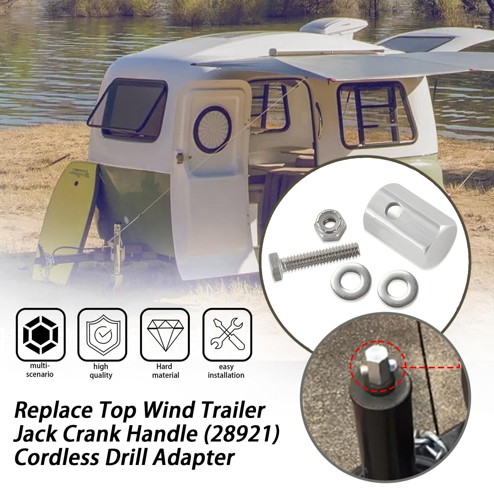 Cordless Drill Adapter for Trailer Jack - Aluminum Replacement Crank Handle (Model 28921) | Easy Trailer Leveling & RV Stabilization Tool