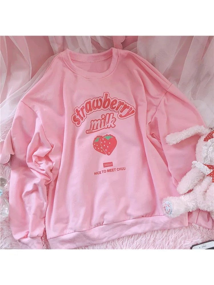 3XL Harajuku Kawaii Strawberry Print Pink Fleece Sweatshirt for Women - Cute Y2K Kpop Fashion Top - Perfect for Streetwear, Casual Outfits & Anime Cosplay