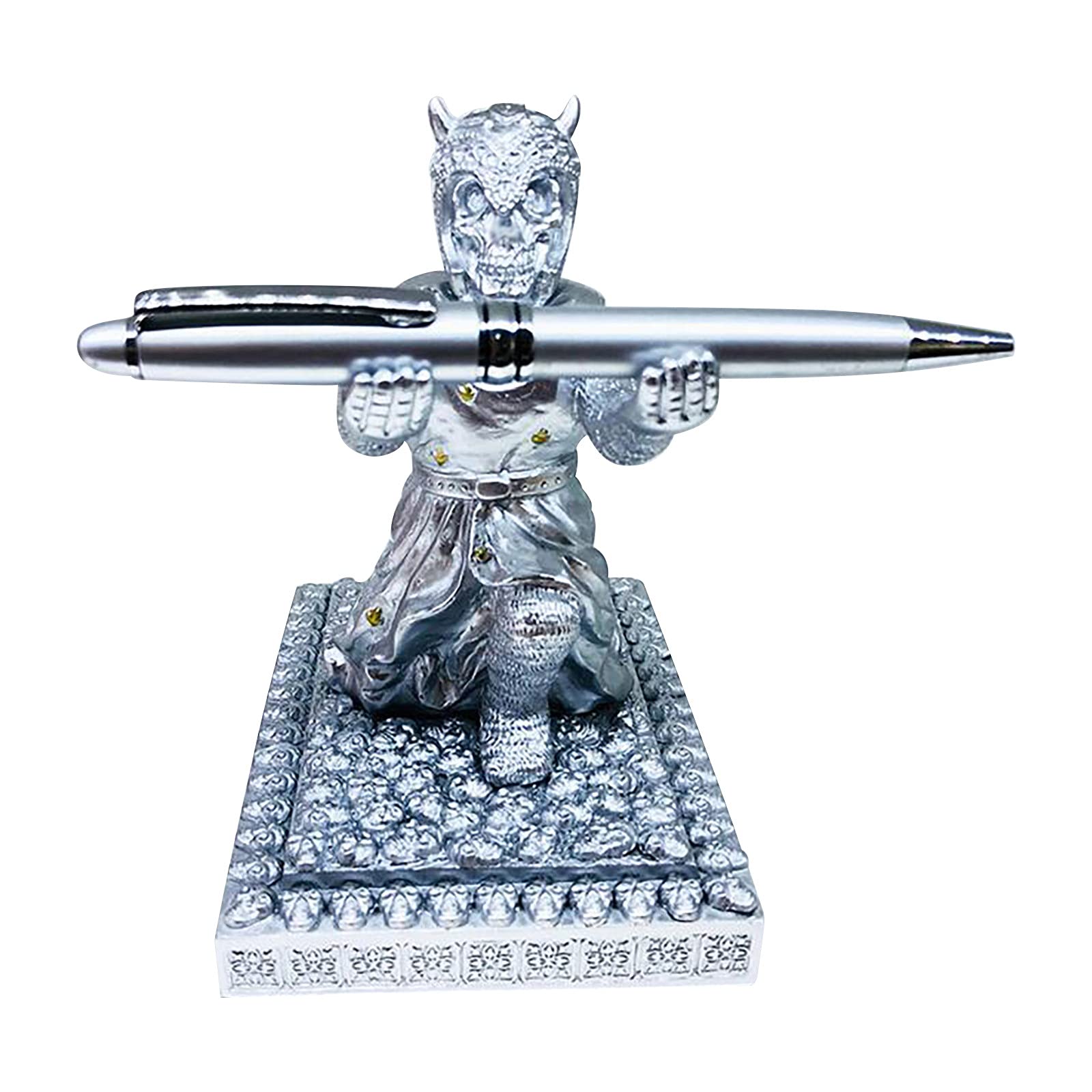 Silver Iron Ribbon Gold Skull Pen Holder - 5ML Creative Metal Pen Stand, Pencil & Makeup Brush Organizer - Gothic Desk Accessory for Office, Home Decor & Gift Giving