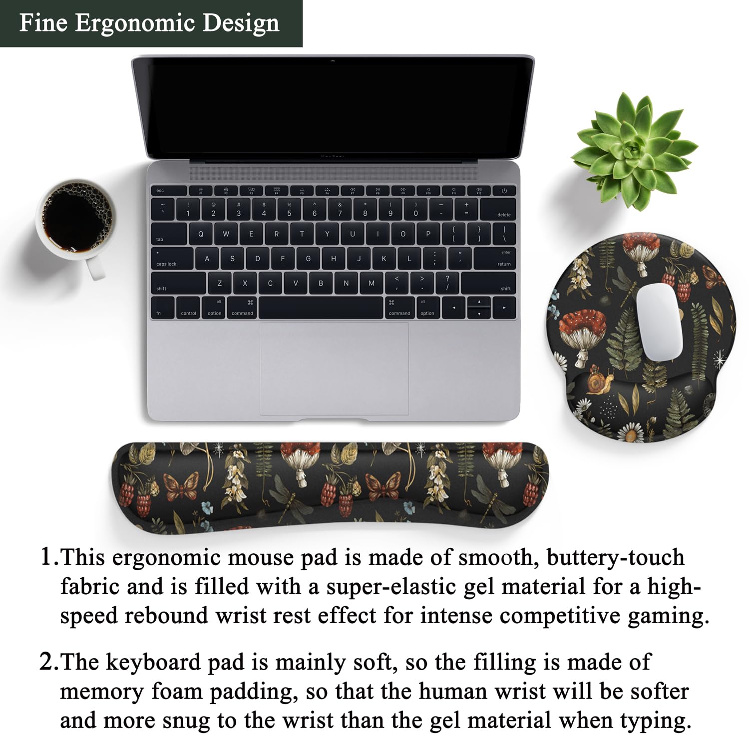 Ergonomic Mushroom Mouse Pad with Wrist Support - Non-Slip PU Desk Pad for Office, Gaming & Typing Comfort - Black Aesthetic Keyboard Wrist Rest Set for Pain Relief & Computer Work