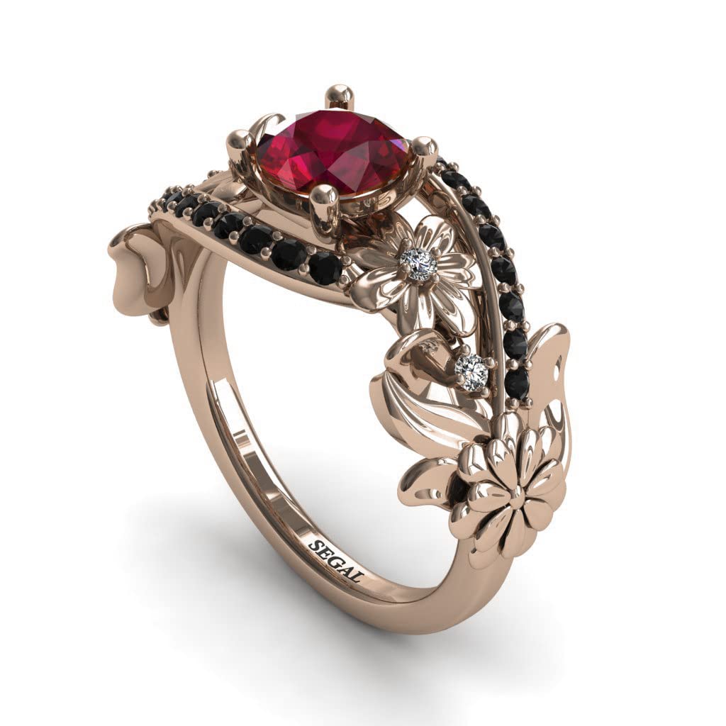 Exquisite 14K Red Gold Floral Engagement Ring with Ruby, White & Black Diamonds - Perfect for Proposals, Anniversaries & Romantic Occasions