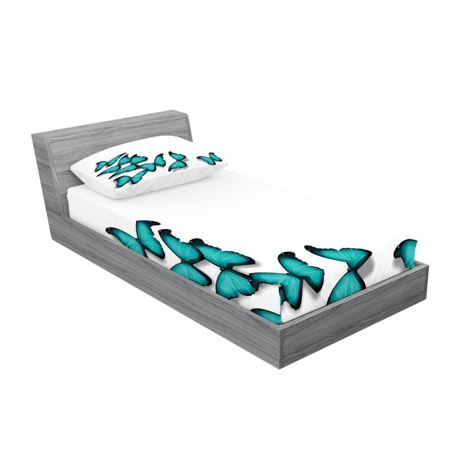 Ambesonne Spring 2-Pack Twin Fitted Sheet & Pillow Sham Set - Sunny Butterfly Design, 4-Piece Bedding Set in Black & Turquoise | Soft Microfiber Sheets for Kids Room, Guest Bedroom & Dorm Decor