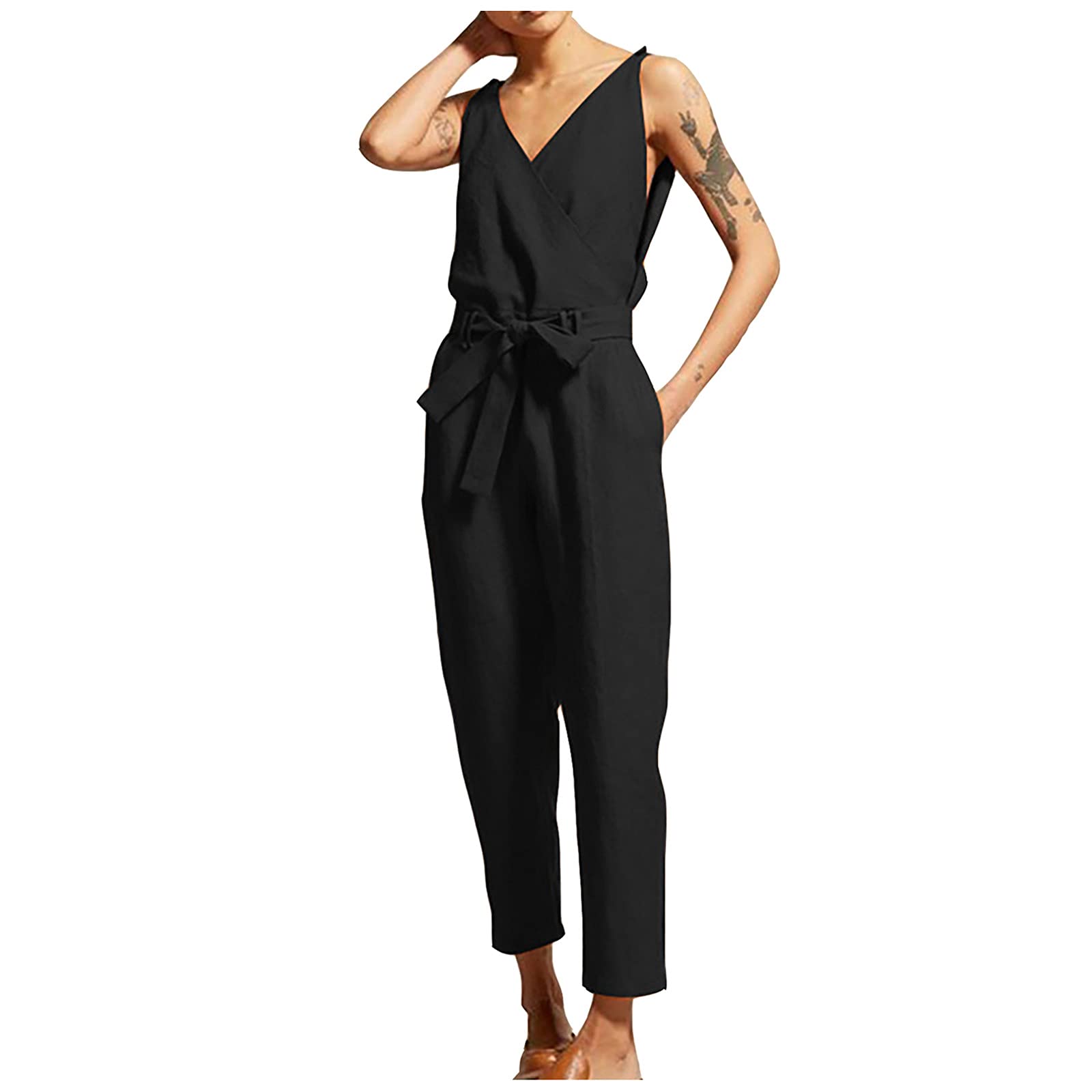 Women's Cotton Overalls with Lace Detail - Linen Blend Bandage Style V-Neck Jumpsuit - Casual One Piece Romper for Everyday Wear | Perfect for Summer Outings, Beach Days & Boho Fashion Looks