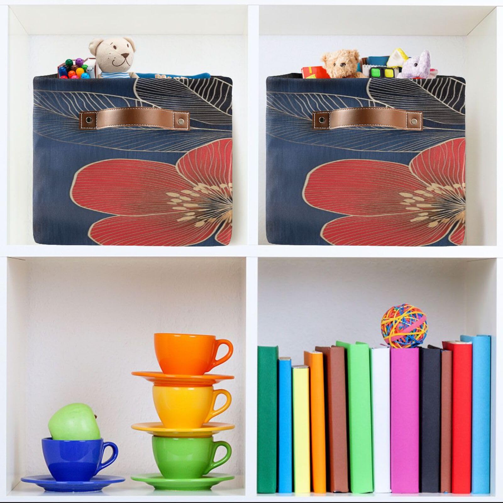 Large Fabric Storage Bins with Handles - Collapsible Organizer for Clothes, Toys & Home - Floral Sketch Design