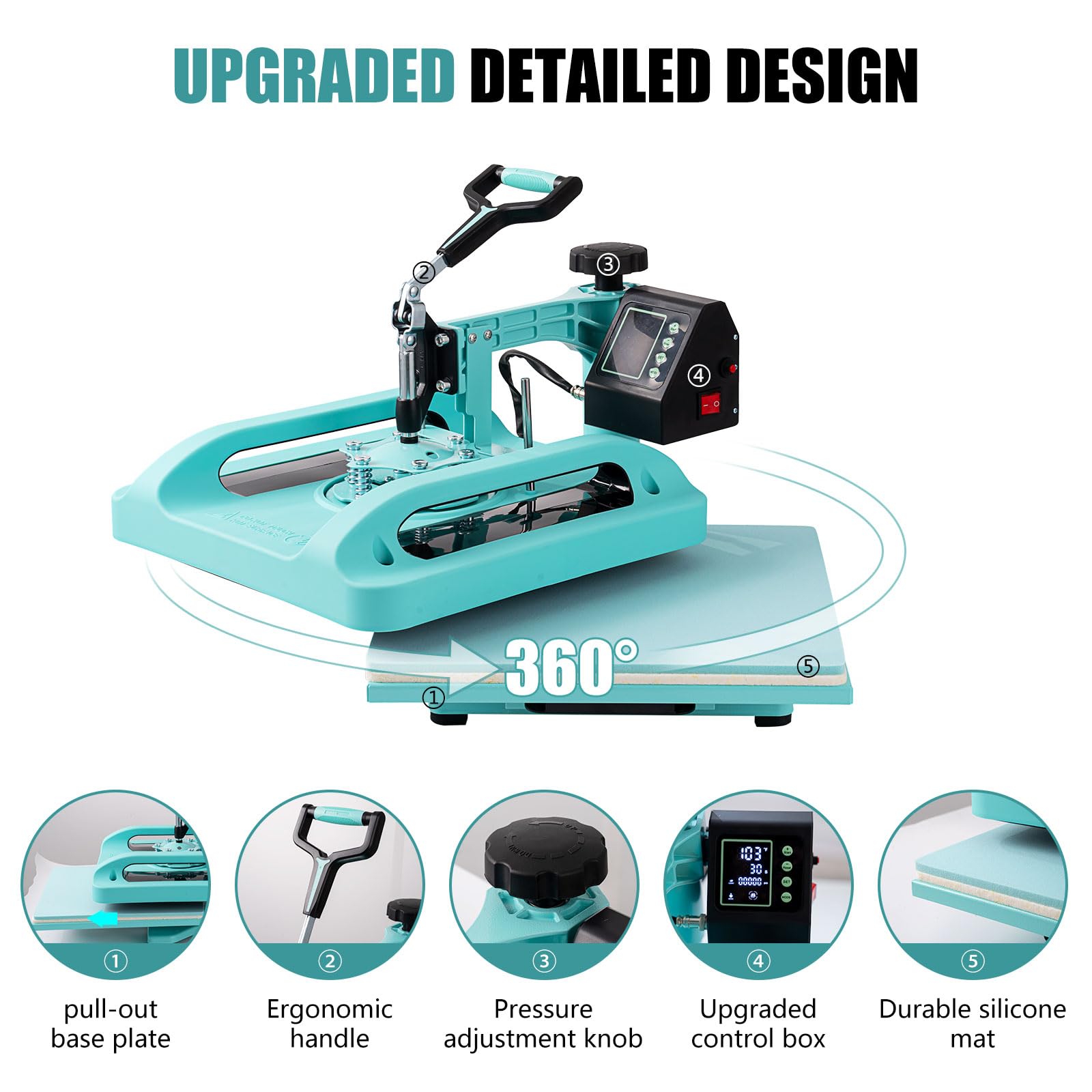 5 in 1 Heat Press Machine 15x15 Inch with 30oz Tumbler Attachment - Professional Sublimation Printer for T-Shirts, Hats, Mugs & Plates - Perfect for DIY Crafts, Custom Apparel & Small Business Printing