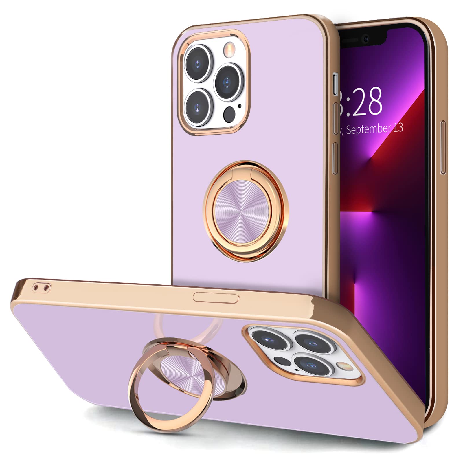 Hython Magnetic iPhone 13 Pro Case with 360° Rotatable Ring Stand & Kickstand - Rose Gold Plated Edge, Slim Soft TPU Luxury Phone Cover (Purple) - Perfect for Car Mounting, Hands-Free Viewing & Daily Protection