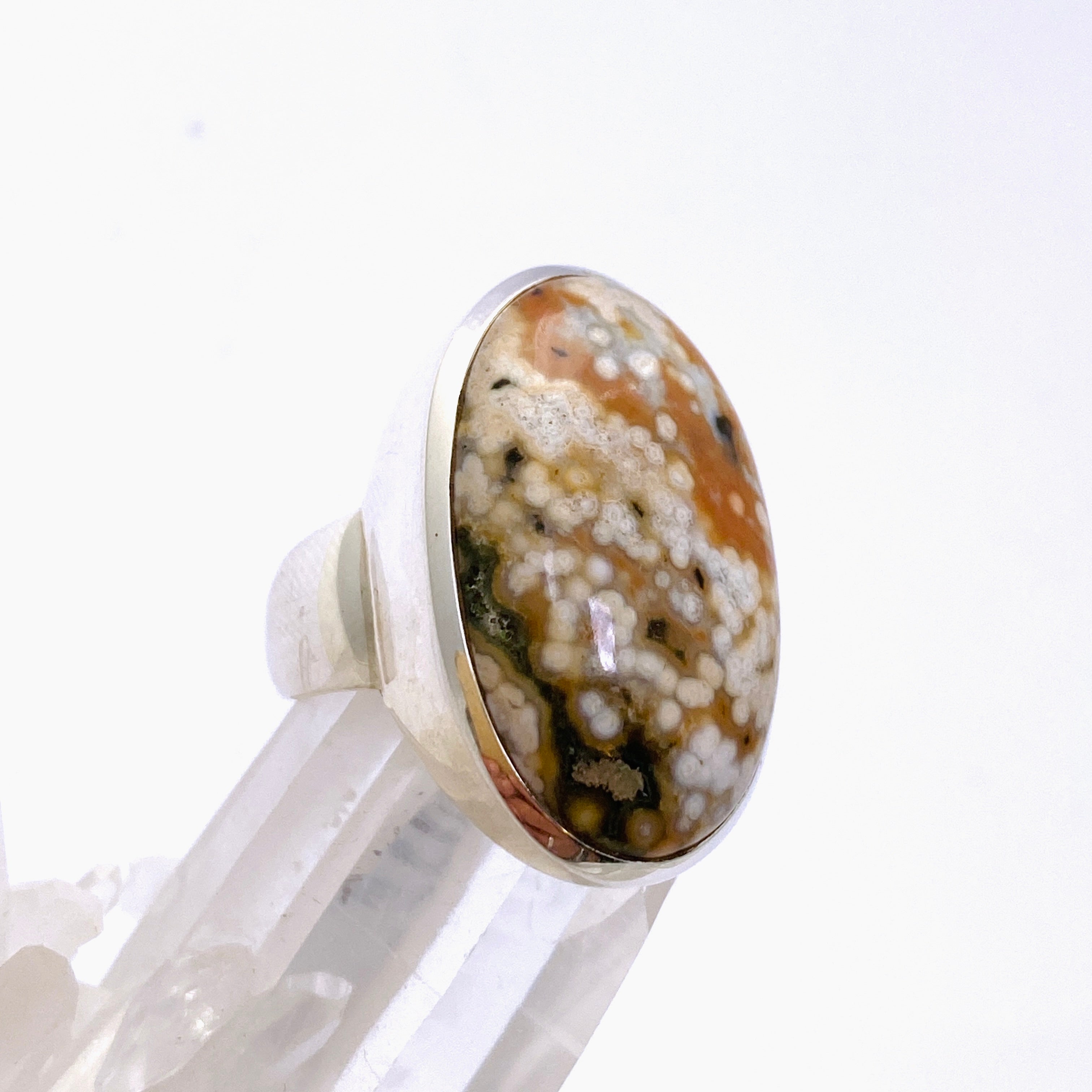 Ocean Jasper Oval Cabochon Ring - Size 8.5 - Natural Stone Jewelry - Handmade Silver Ring - Perfect for Boho Style & Spiritual Healing - Gift for Women & Crystal Lovers