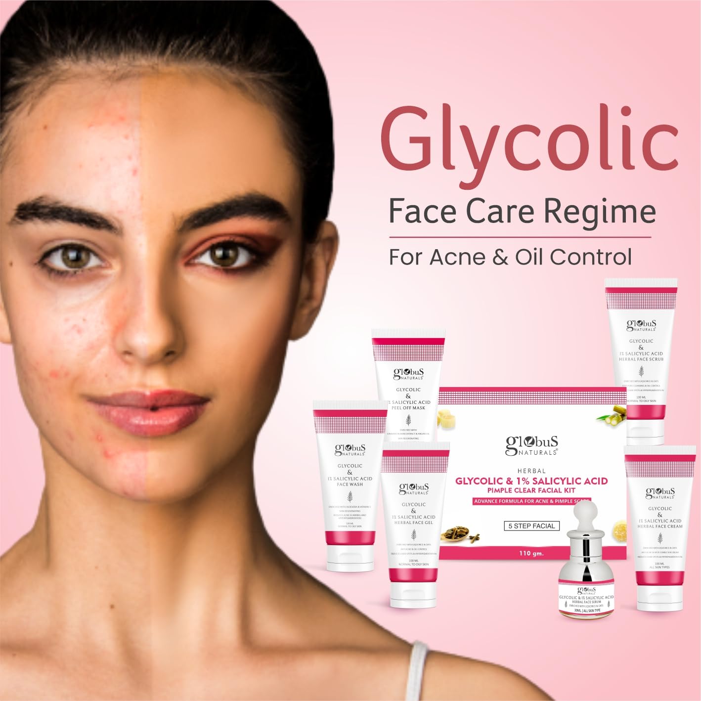 Globus Naturals Glycolic Acid 1% Salicylic Acid Anti Acne Face Gel - Herbal Formula with Licorice & Oats for Acne Treatment, Oil Control, Dark Spot Reduction - 100ml (Pack of 3) | Daily Skincare for Oily & Acne-Prone Skin