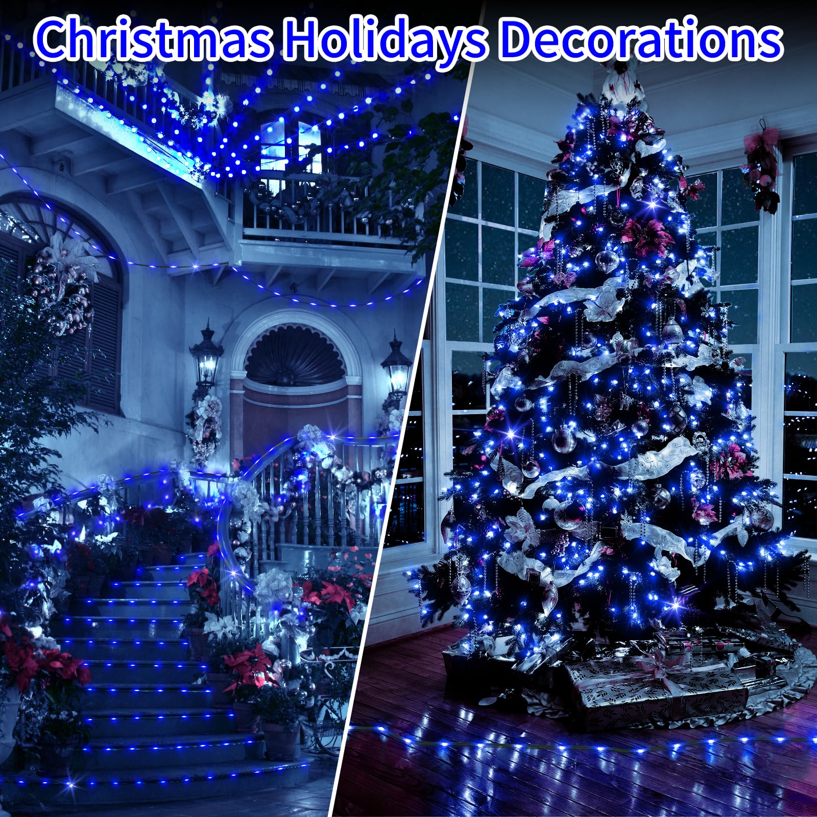 180 LED Blue Christmas Lights Outdoor Waterproof - Remote Control & Timer, 8 Lighting Modes, Green Wire Plug - Fairy String Lights for Christmas Tree, Garden, Patio, Yard Decorations - Perfect for Holiday Parties, Winter Weddings & Cozy Home Ambience