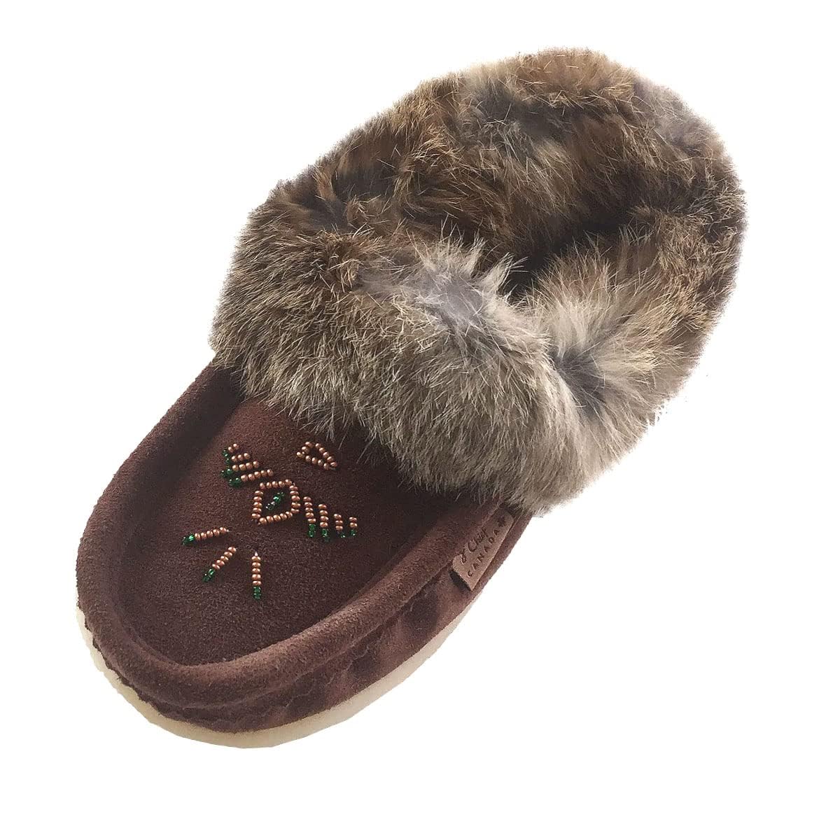 Laurentian Chief Women's Moccasin Slippers with Real Rabbit Fur & Fleece Lining - Warm Beaded House Shoes for Indoor/Outdoor Wear - Cozy Winter Footwear for Home, Office and Casual Outings