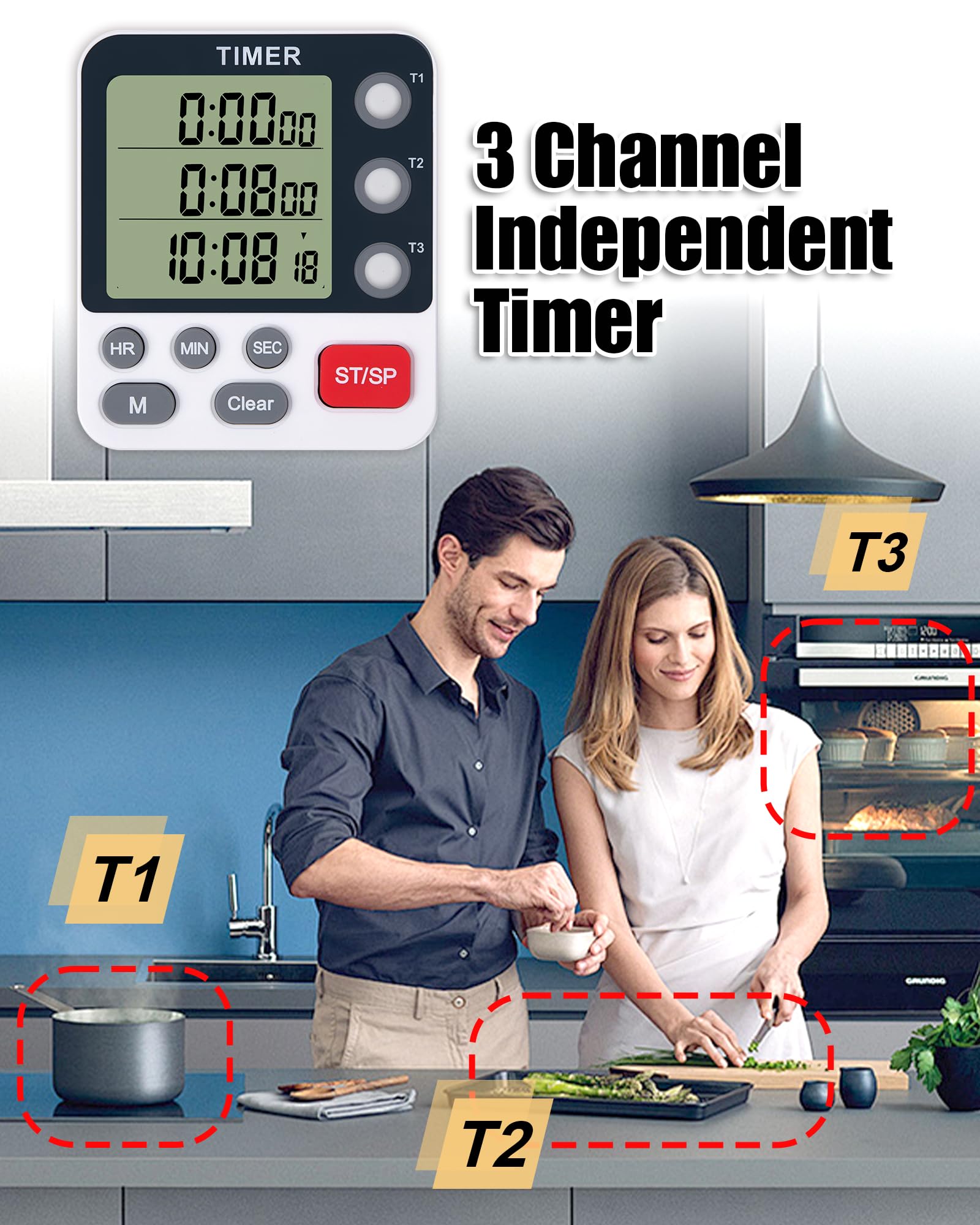 3-Channel Digital Kitchen Timer with Alarm - Large Display, Magnetic Back, Replaceable 3A Battery - Loud Cooking Timer for Baking, Meal Prep & Multitasking (Modern White Design)