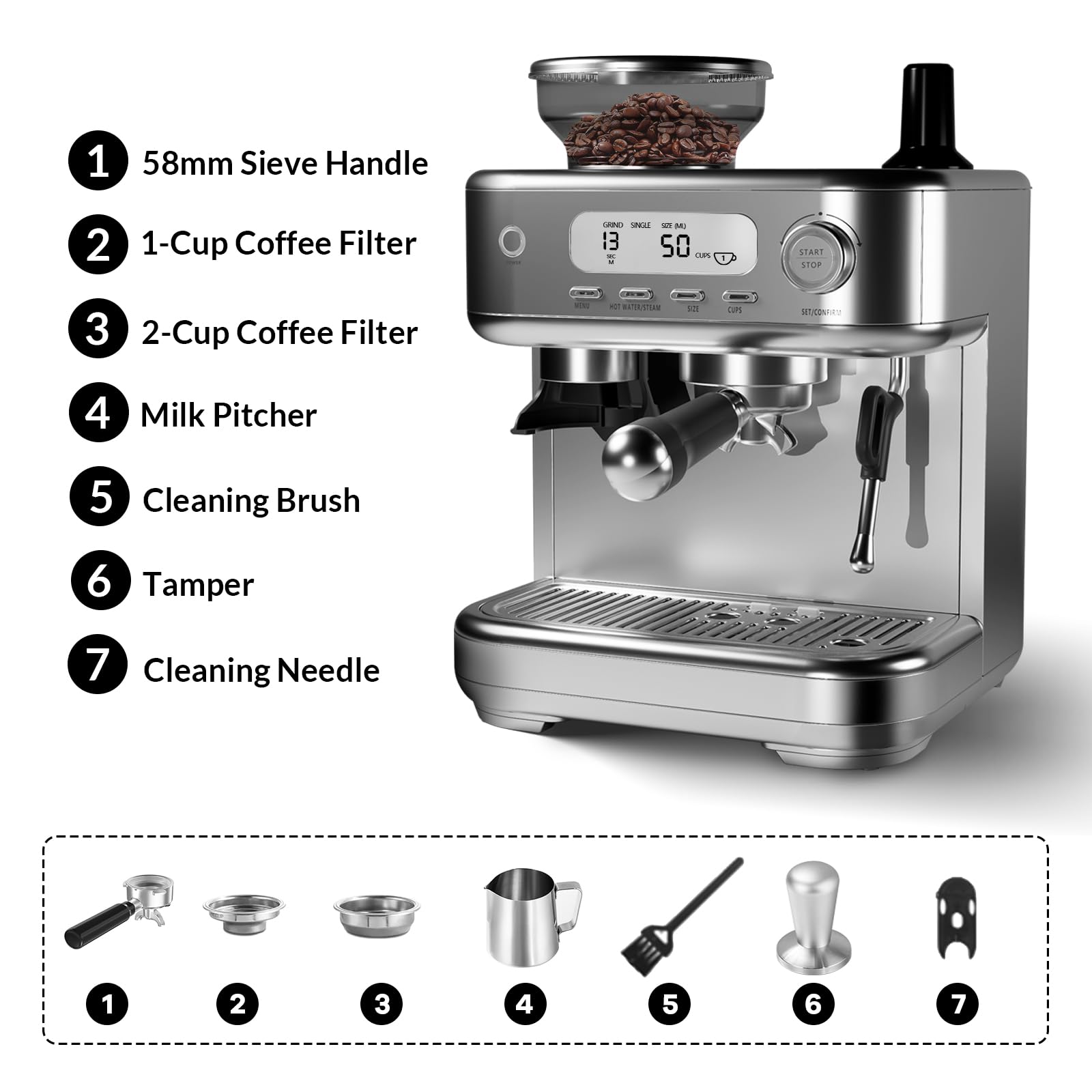15 Bar Professional Espresso Coffee Machine with Built-in Grinder & LED Display - Self-Cleaning Home Barista Kit for Latte, Cappuccino - Perfect for Kitchen, Office & Coffee Shop Use (Grey)