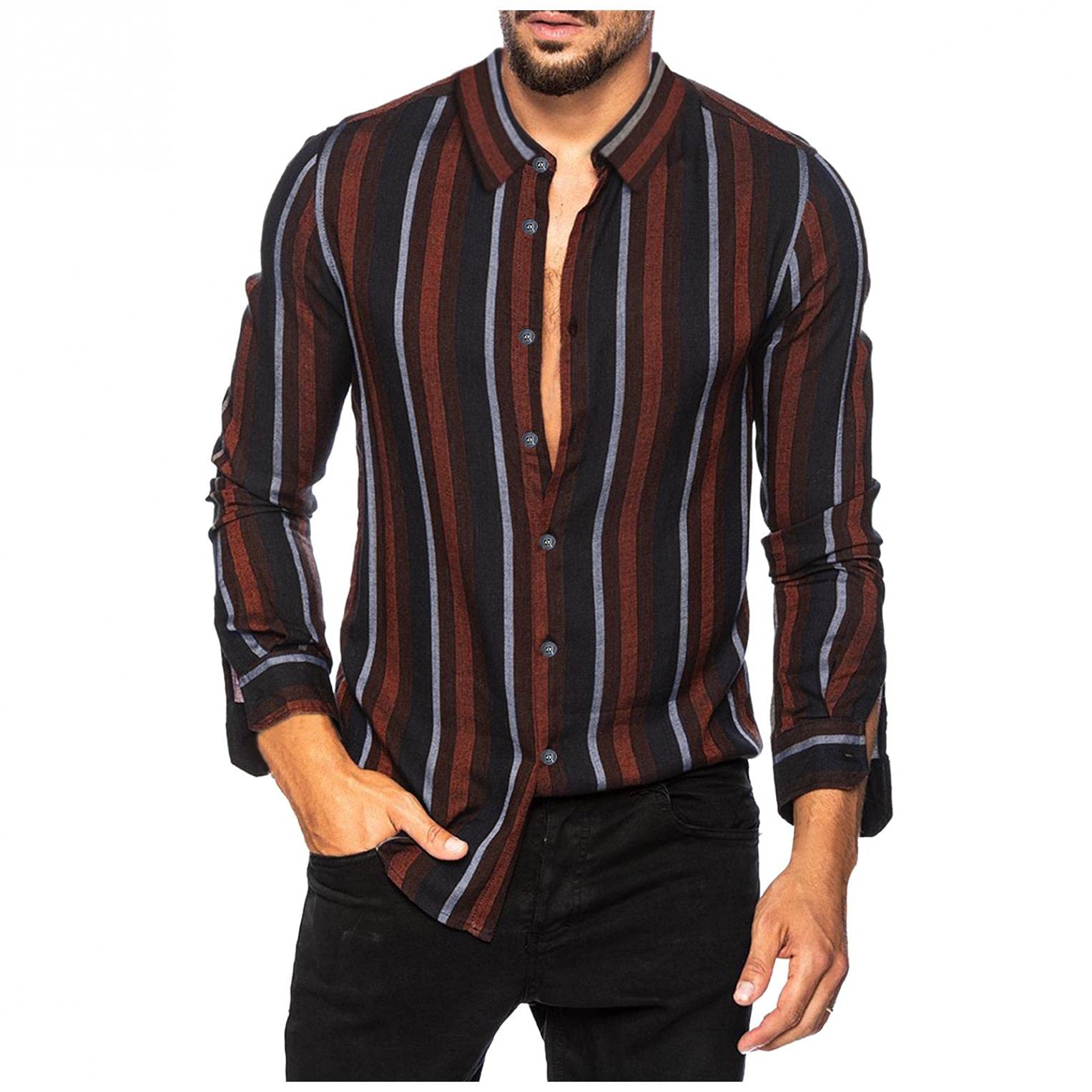 Burband Men's Slim Fit Vertical Striped Button Down Dress Shirt - Long Sleeve Stretch Oxford Business Casual Shirt for Office, Meetings & Formal Events
