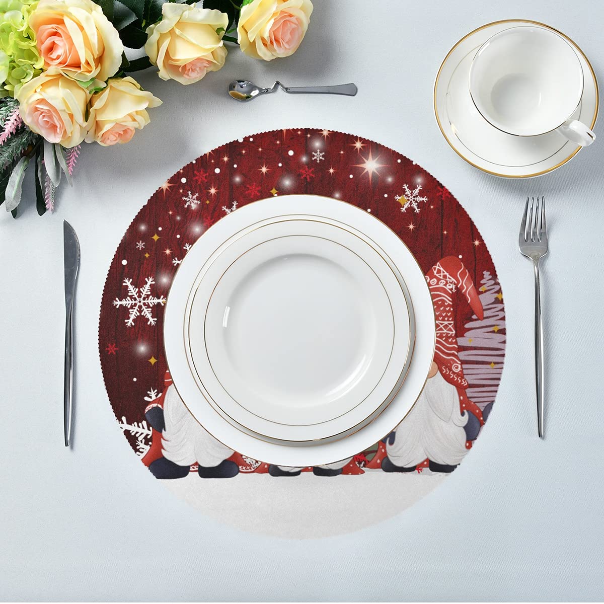 Christmas Gnomes Round Placemats Set of 6 - 17 Inch Non-Slip Dining Table Mats with Snowflake Tree Design, Easy to Clean Kitchen Table Decor for Home, Wedding & Holiday Parties - Perfect for Christmas Dinner, Winter Gatherings and Festive Home Decor