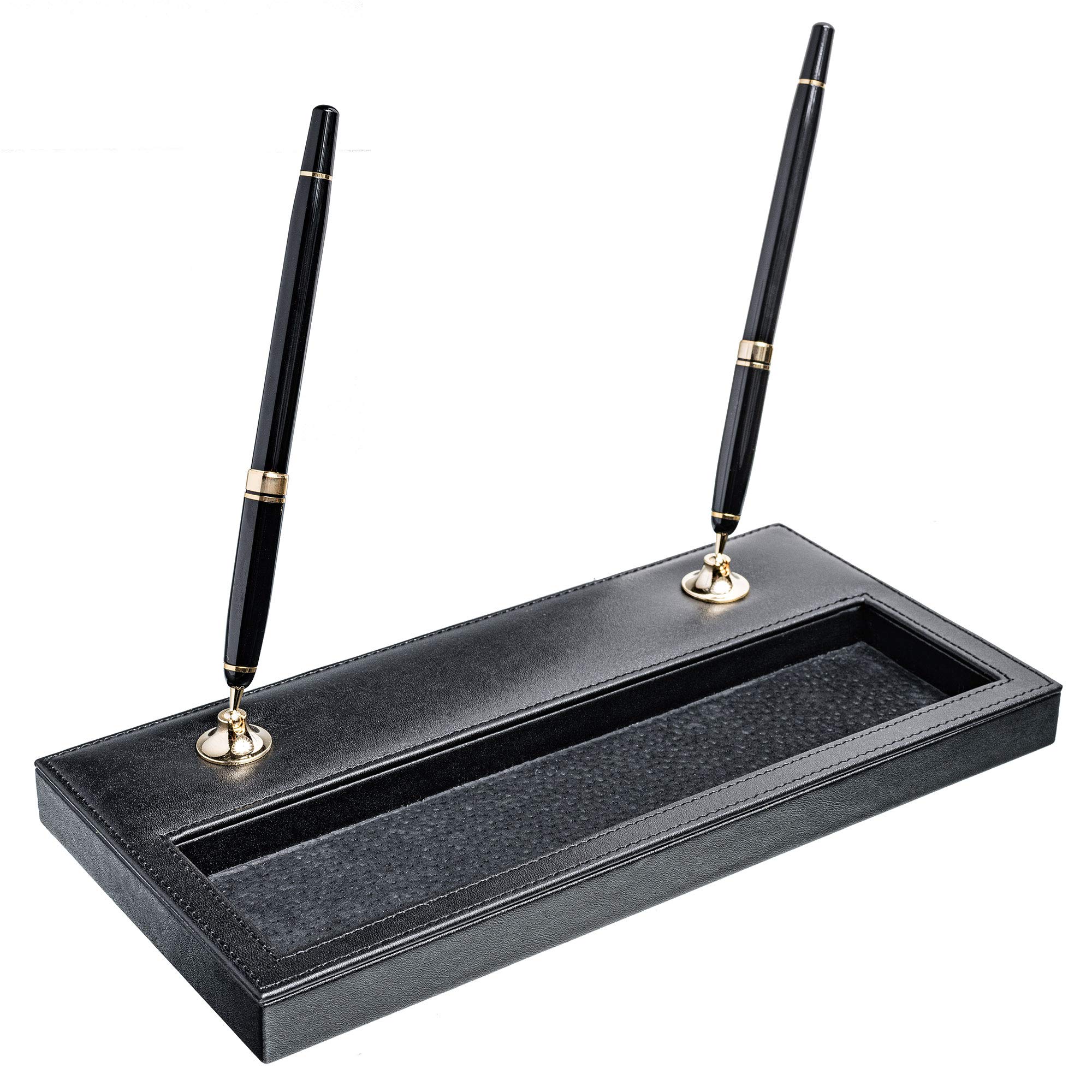 Premium Black Leather Pen Holder with Double Gold Accents - Elegant Desk Organizer for Office, Home & Gift Giving