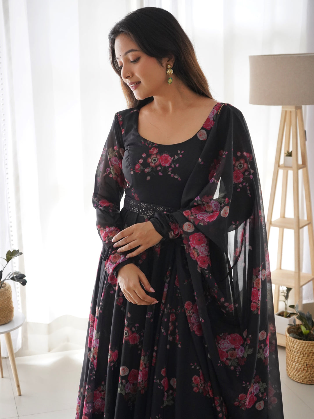 Elegant Black Designer Anarkali Dress with Dupatta & Belt - Perfect for Weddings, Parties & Festive Occasions