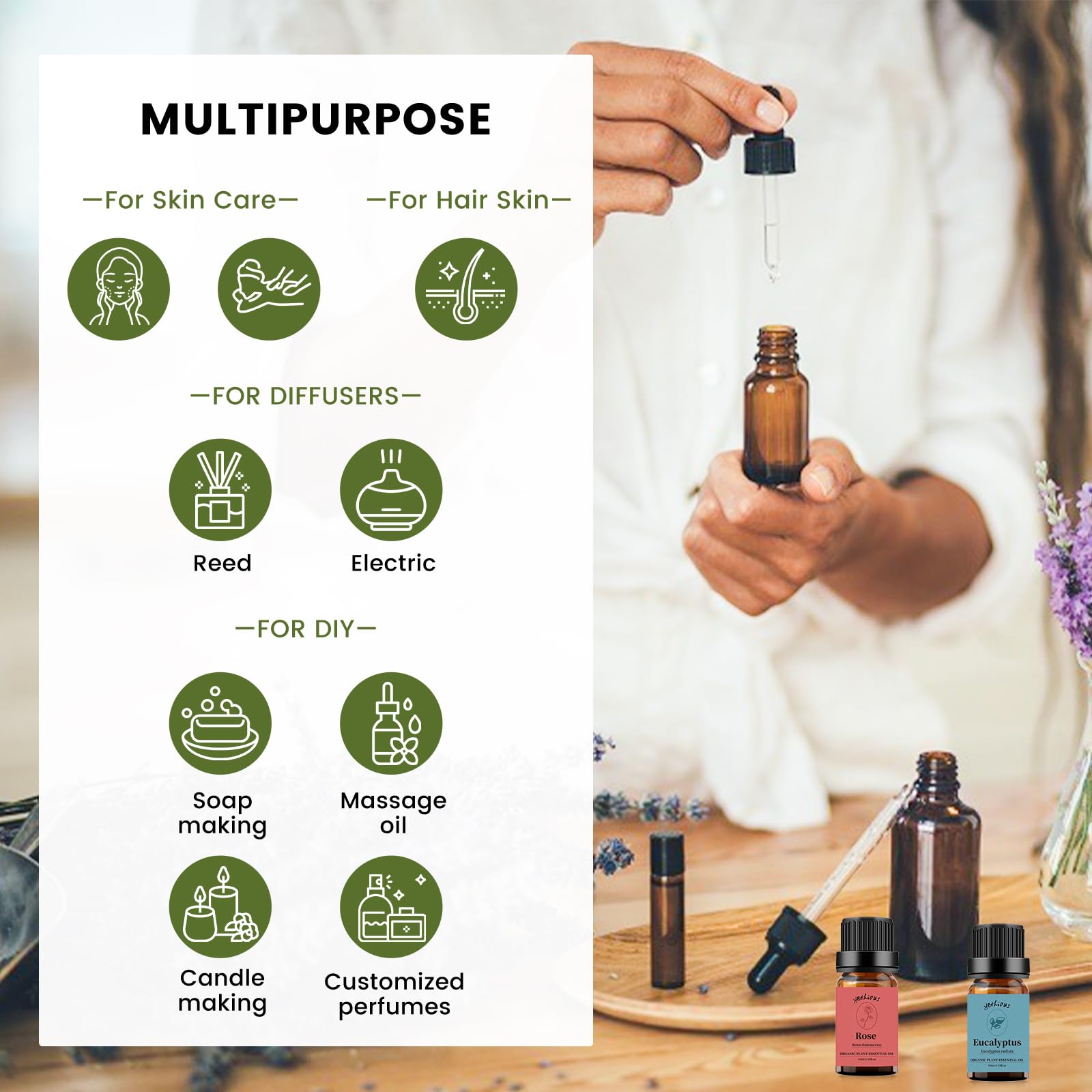 Yethious 100% Pure Organic Rose & Eucalyptus Essential Oils Set - 2 Pack 10ML Aromatherapy Oils for Diffusers, Massage, Skin Care & Relaxation