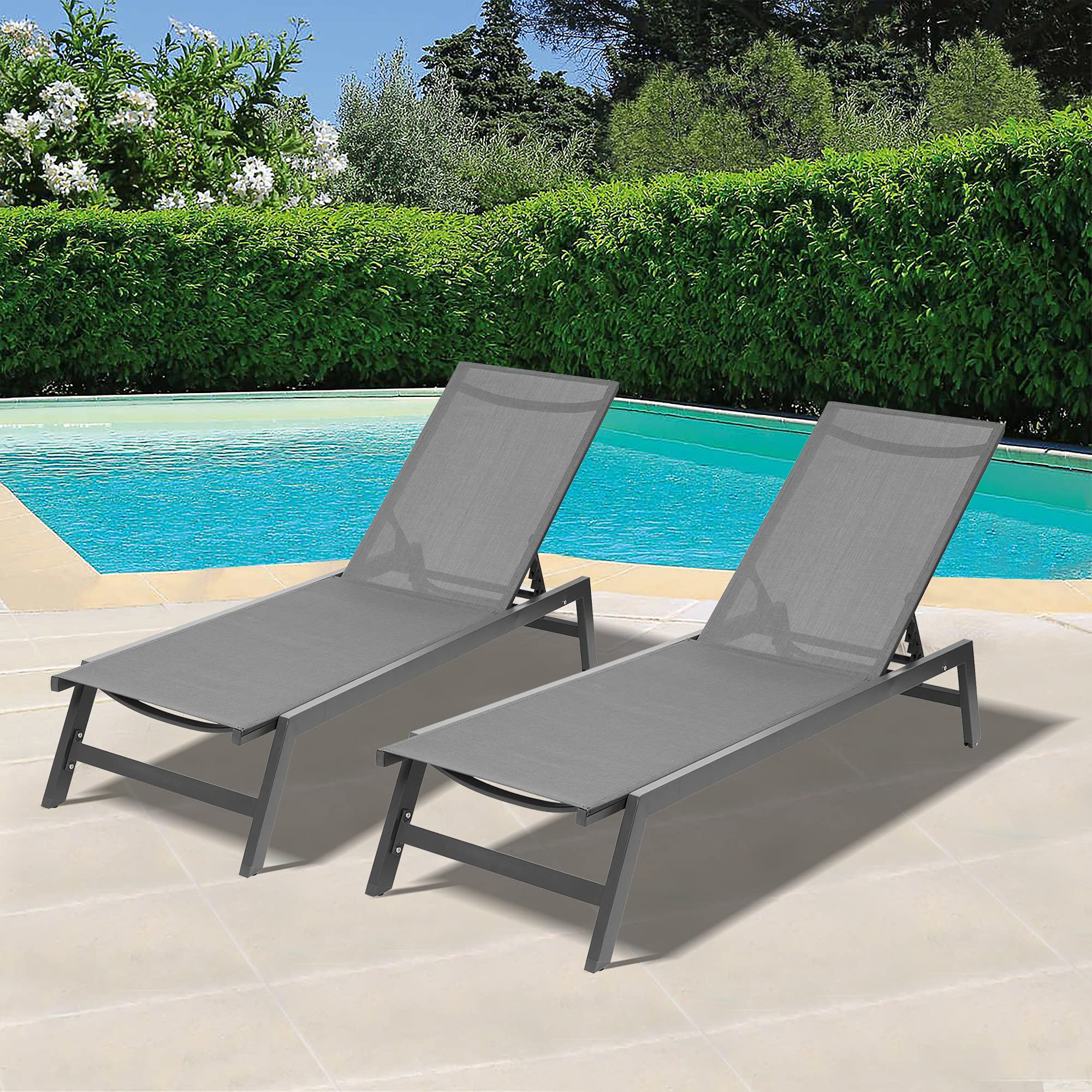 2-Pack Adjustable Aluminum Folding Lounge Chairs - 5-Position Recliner for Patio, Beach, Pool & Backyard - All-Weather Gray Outdoor Chaise Lounge Set (Perfect for Sunbathing, Relaxing & Poolside Lounging)