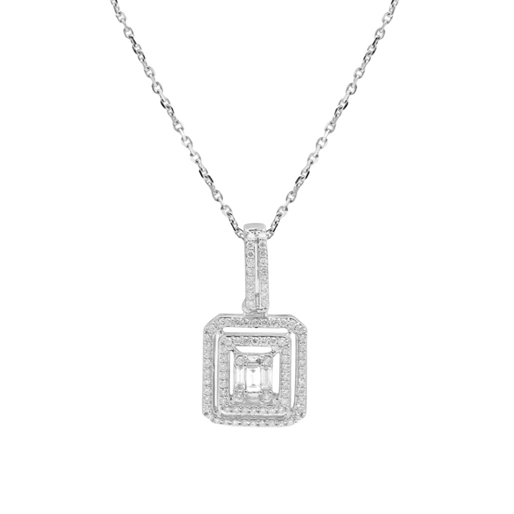 18K White Gold Diamond Baguette & Double Halo Pendant Necklace for Women - Elegant Layering Piece for Weddings, Anniversaries & Special Occasions