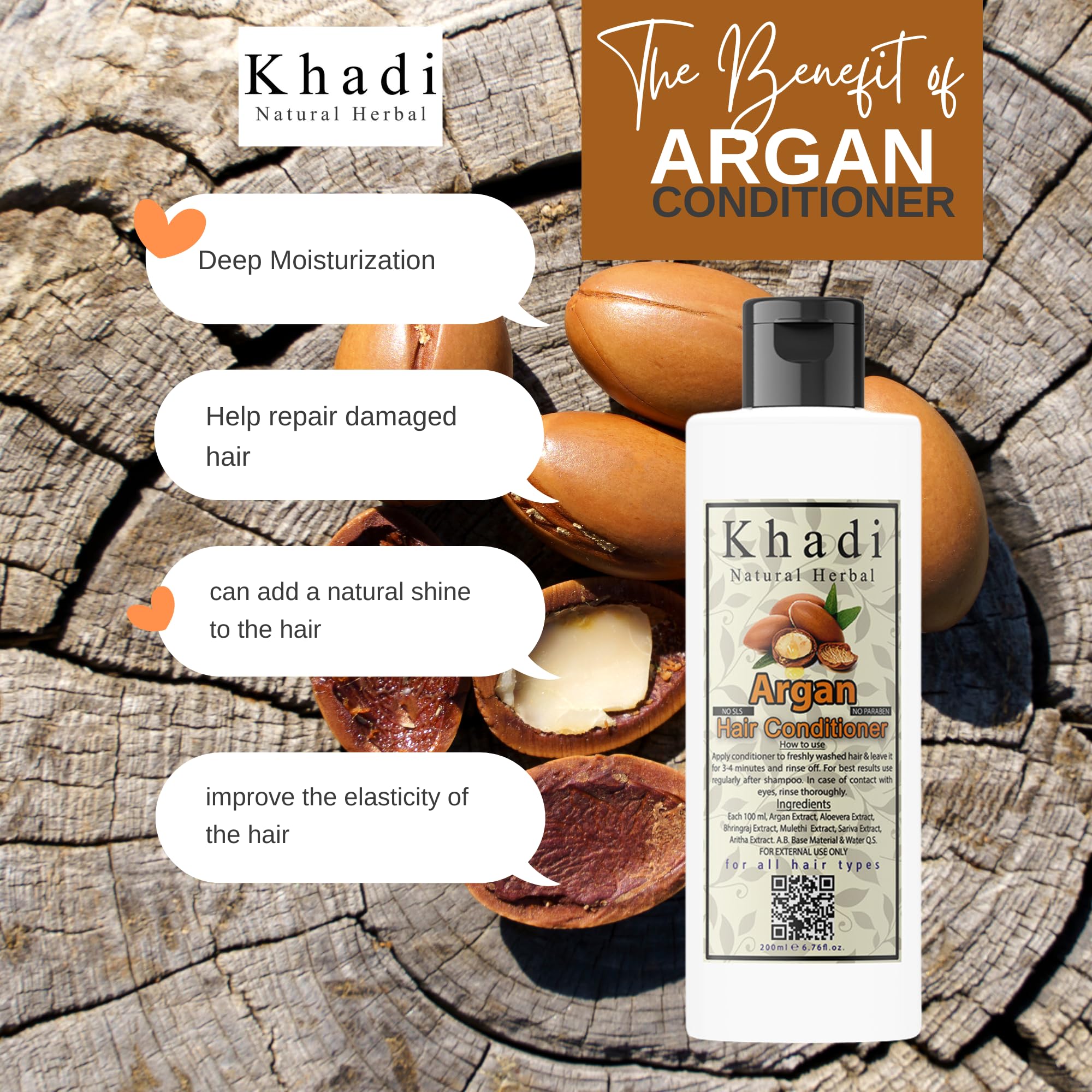 Khadi Natural Herbal Argan Conditioner for Dry & Frizzy Hair - Sulfate & Paraben Free with Argan Oil Extract | Strengthens & Softens Hair | 200ml for Women & Men | Perfect for Daily Hair Care & Salon-Like Results at Home