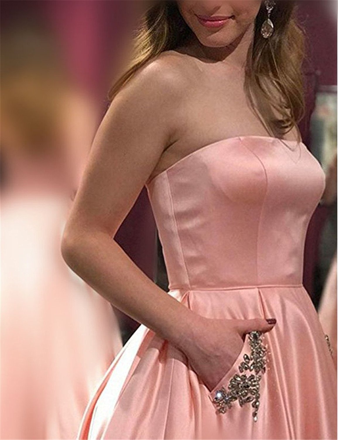 Elegant Strapless Satin Prom Dress for Women - Long Beaded Evening Gown with Pockets | Perfect for Formal Events, Homecoming, Weddings & Special Occasions