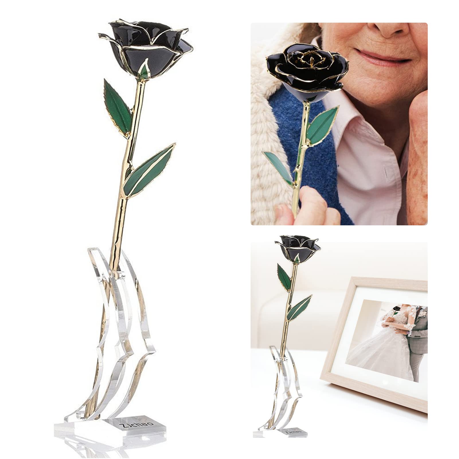 24K Gold-Plated Handmade Preserved Rose with Green Leaf & Base - Elegant Artificial Flower for Wedding, Mother's Day, Valentine's Gifts - Perfect for Home Decor, Table Centerpieces & Romantic Surprises