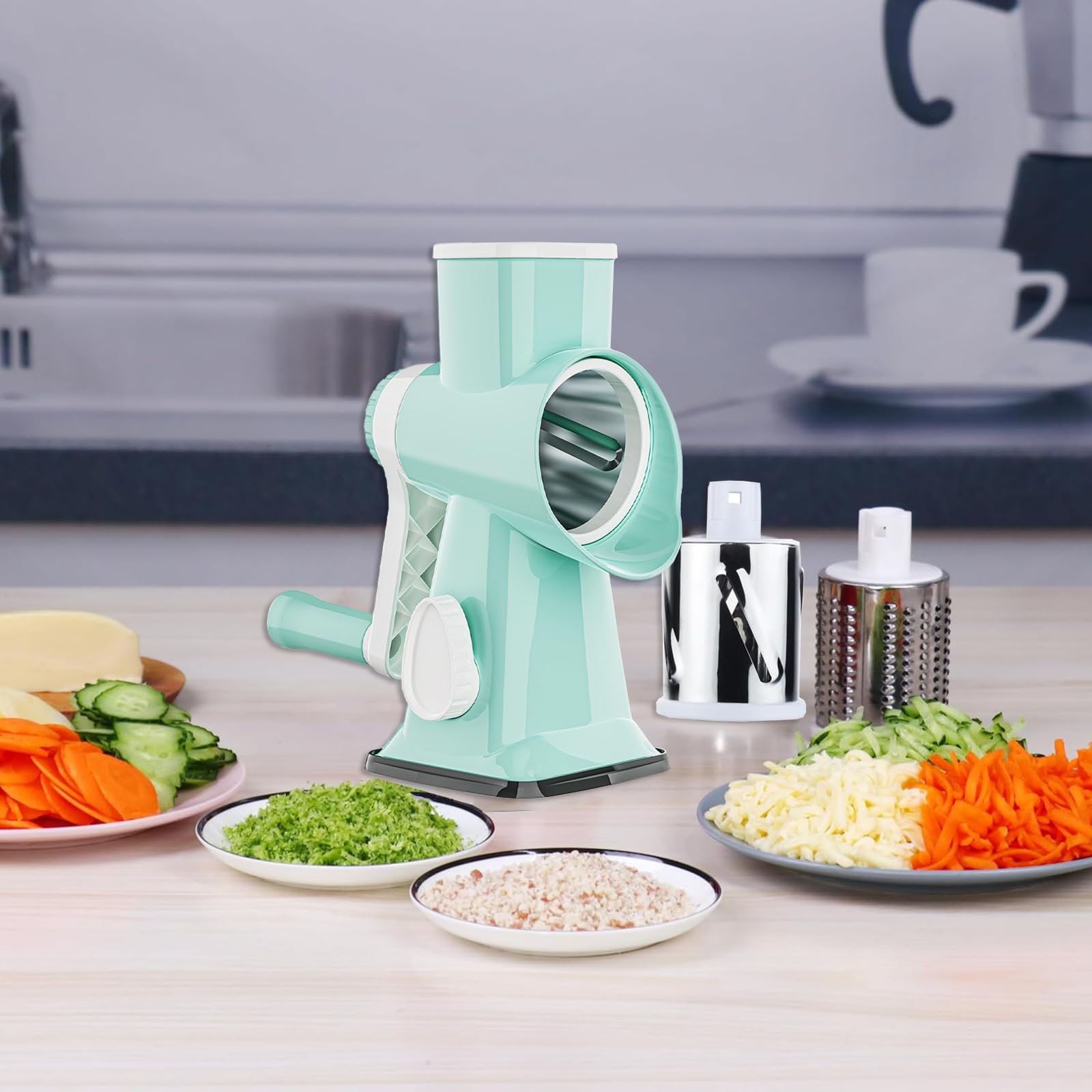 Stainless Steel Rotary Cheese Grater with Handle - Multi-Purpose Kitchen Tool for Effortless Grating Cheese, Vegetables & Fruits | Perfect for Pizza, Salads & Meal Prep (Green)