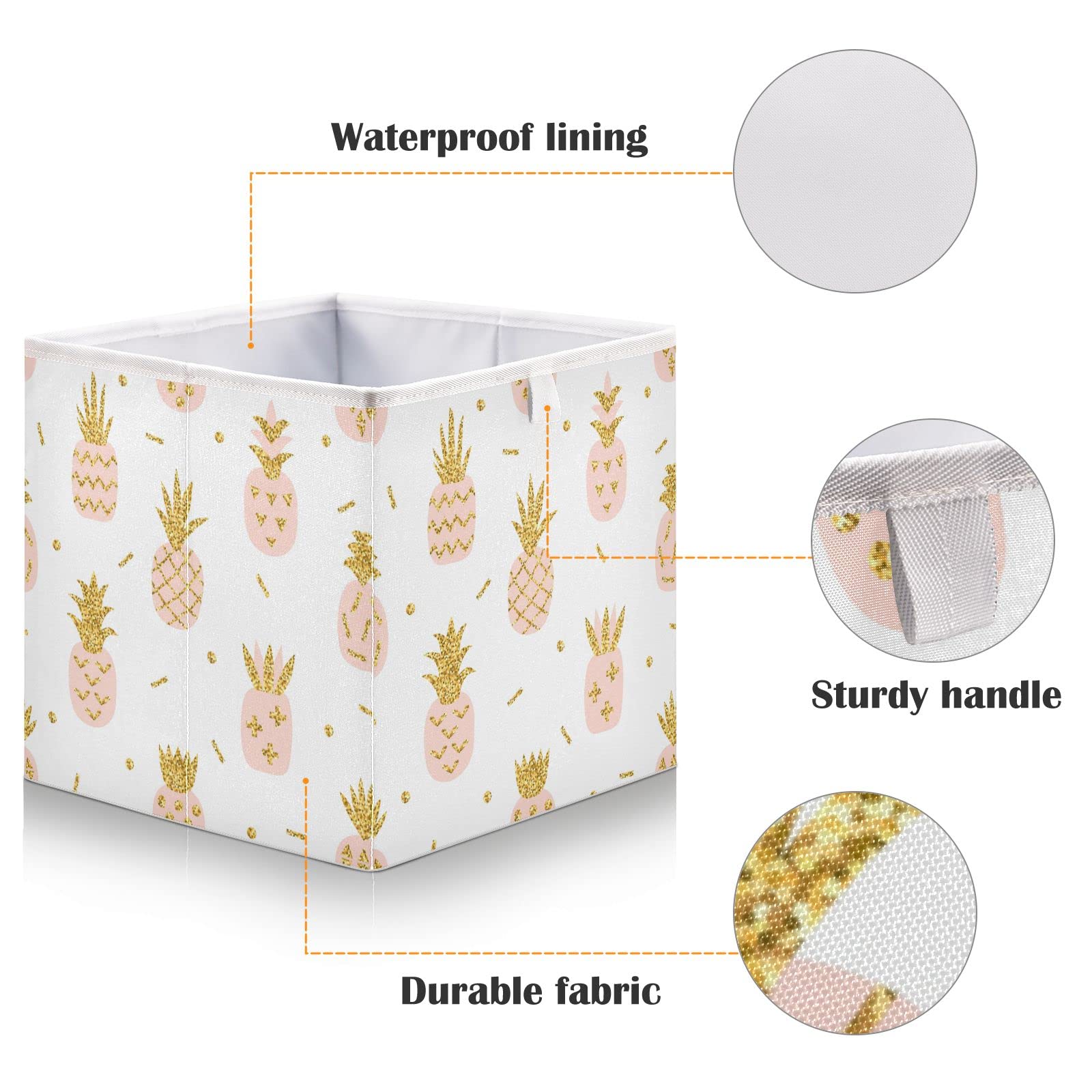 DOMIKING Pink Pineapple Gold Foldable Fabric Storage Bins - 11 Inch Closet Organizer Baskets with Sturdy Handles for Bedroom, Shelves & Cubes | Perfect for Clothes, Toys & Home Organization