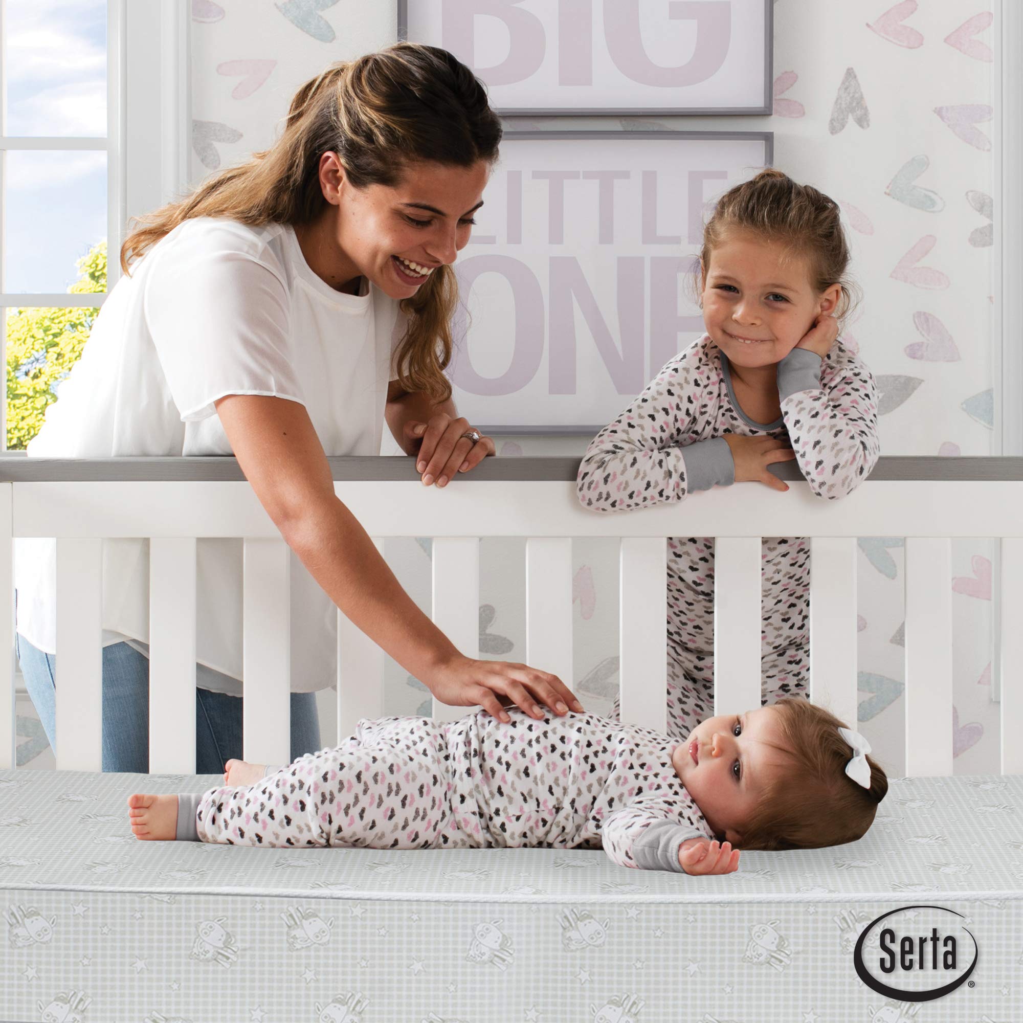 Delta Children Tribeca 4-in-1 Convertible Baby Crib with Serta Perfect Slumber Dual-Sided Mattress - Waterproof, Hypoallergenic, GREENGUARD Gold Certified - Grey/White | Nursery Furniture for Newborns, Infants & Toddlers | Safe Sleep Solution for Modern Parents