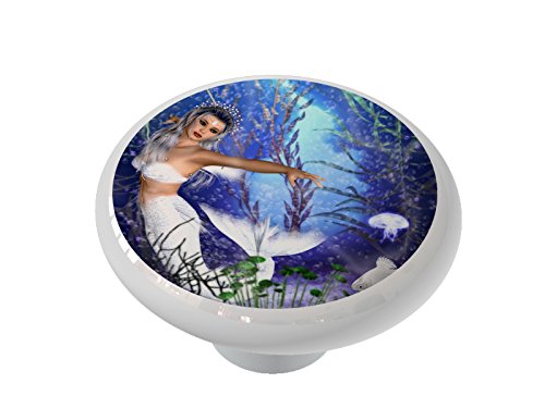 Mermaid & Jellyfish Reef Ceramic Drawer Knobs - Unique Underwater Theme Cabinet Handles for Bathroom, Kitchen & Furniture (Set of 6) - Perfect for Beach House Decor, Kids Room & Ocean Lovers