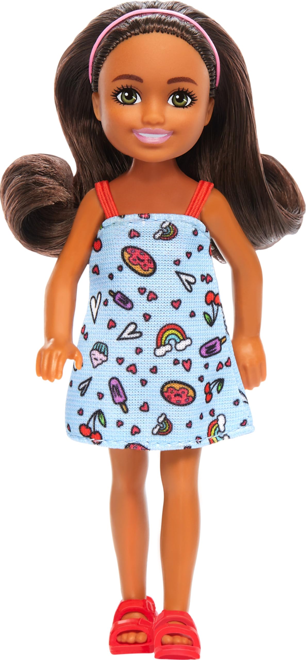Barbie Chelsea Doll with Removable Blue Floral Dress & Pink Shoes - Brown Hair & Green Eyes - Perfect for Kids' Playtime, Collecting & Gift Giving