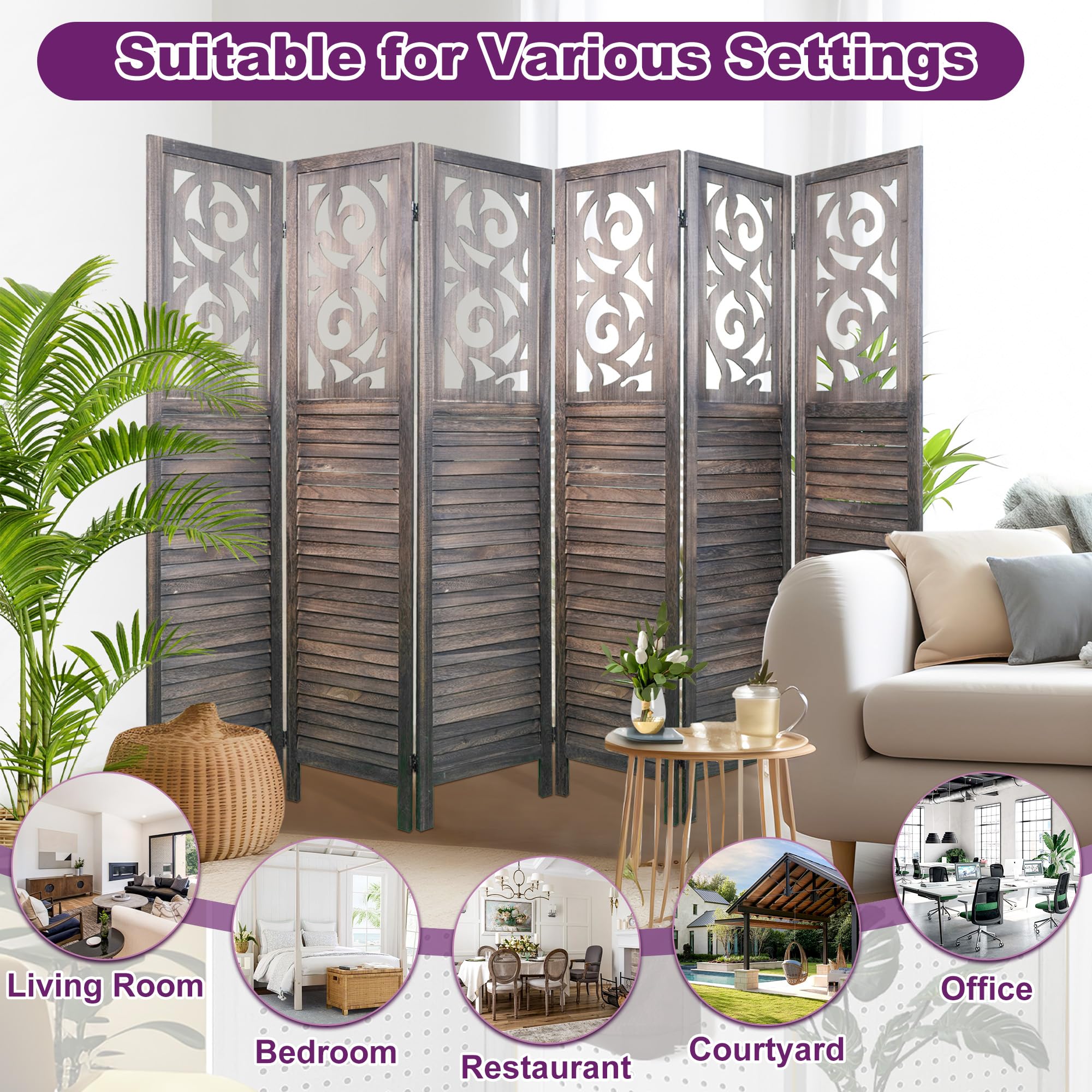 5.6FT Folding Wood Room Divider Panel - 6 Panel Rustic Brown Partition Screen for Bedroom, Office & Living Room Separation - Handcrafted Wooden Room Divider for Privacy & Home Decor