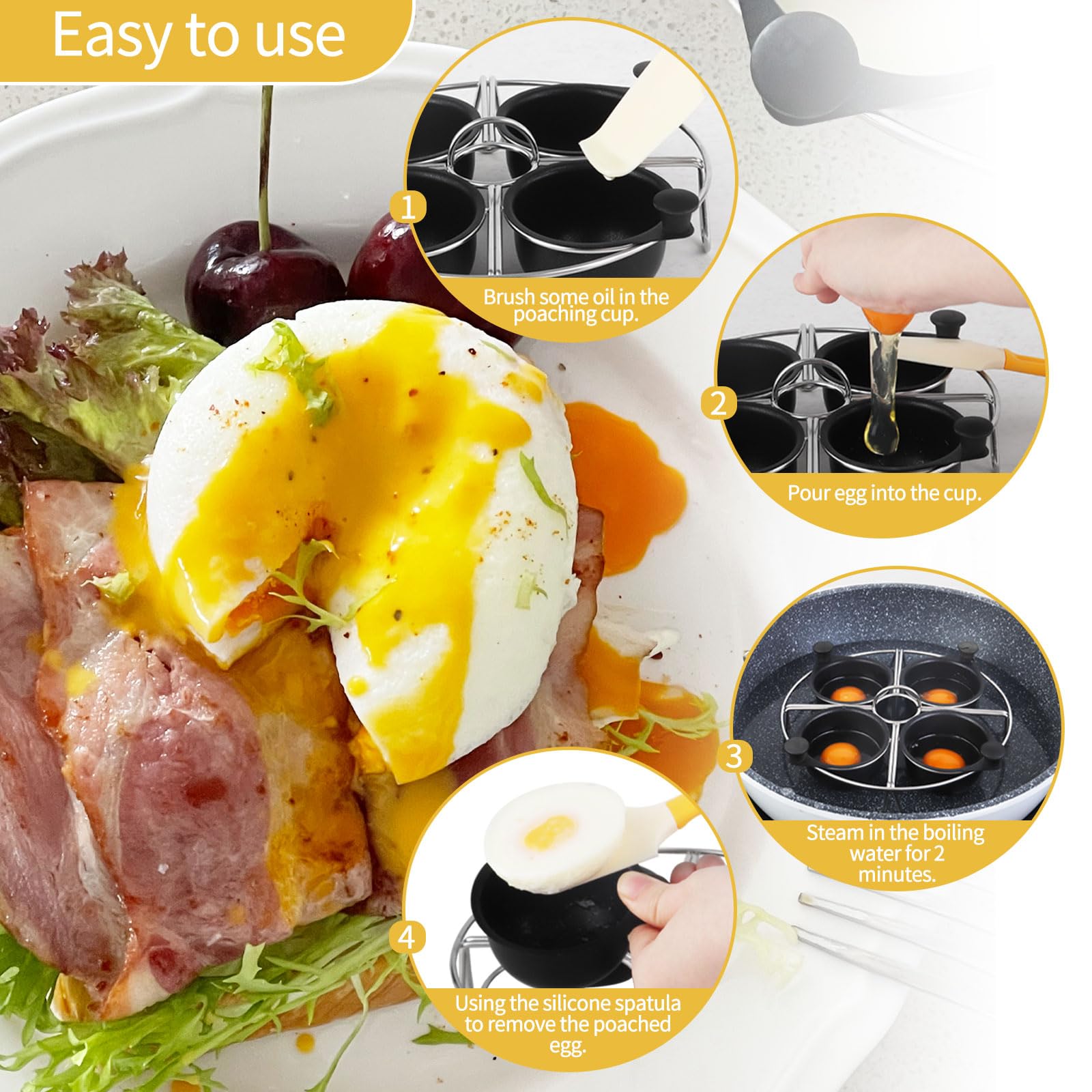 Non-Stick Egg Poacher Insert Set - 4 Stainless Steel Poaching Cups with Steamer Rack & Free Silicone Spatula | Perfect for Eggs Benedict, Breakfast Meal Prep | Compatible with Most Skillets & Pans