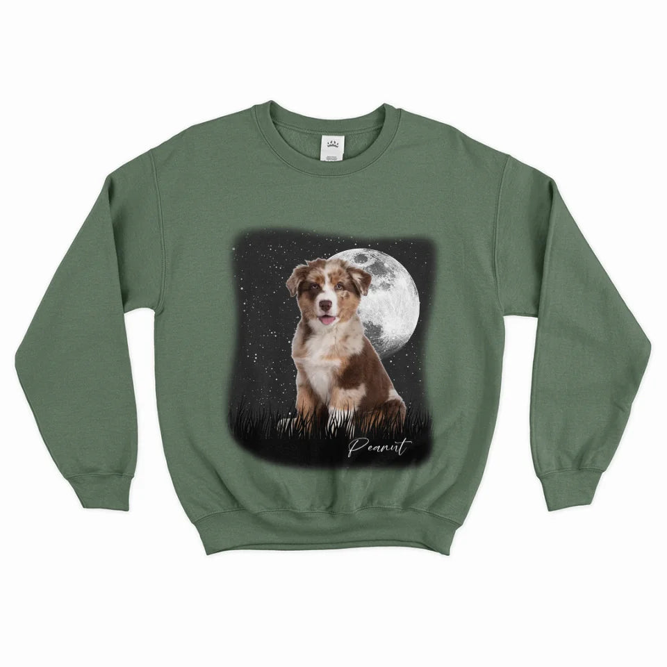 Custom Vintage Full Moon Pet Photo Sweatshirt - Personalized Dog Cat Lover Gift - Cozy Pullover for Family Matching Outfits, Couple Wear & Pet Memorial