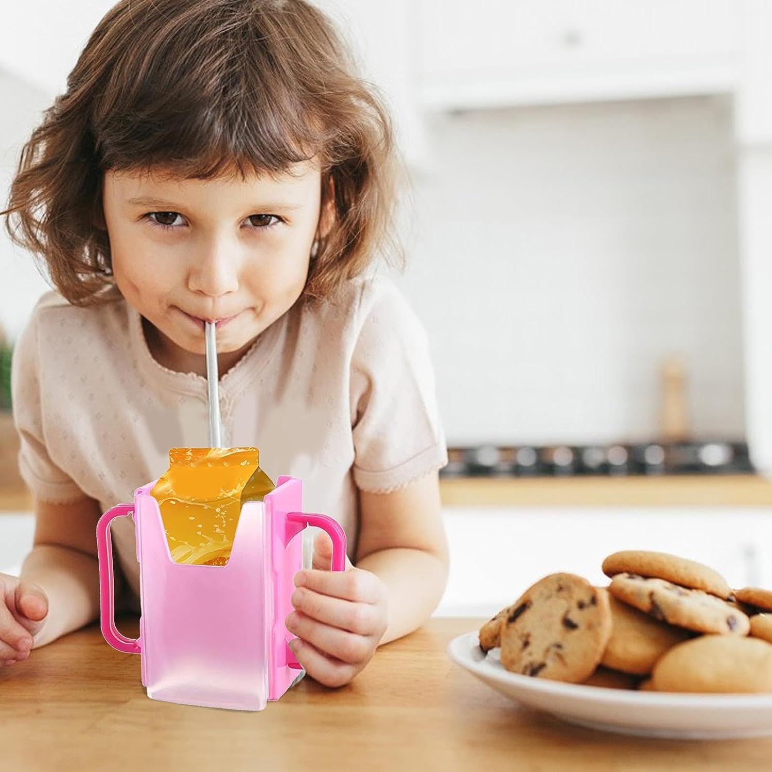 **Adjustable Kids Milk Box Cup Holder - Spill-Proof Preschool Beverage Bottle Holder for School, Daycare & Travel - Pink Kitchen Gift for Toddlers & Children**