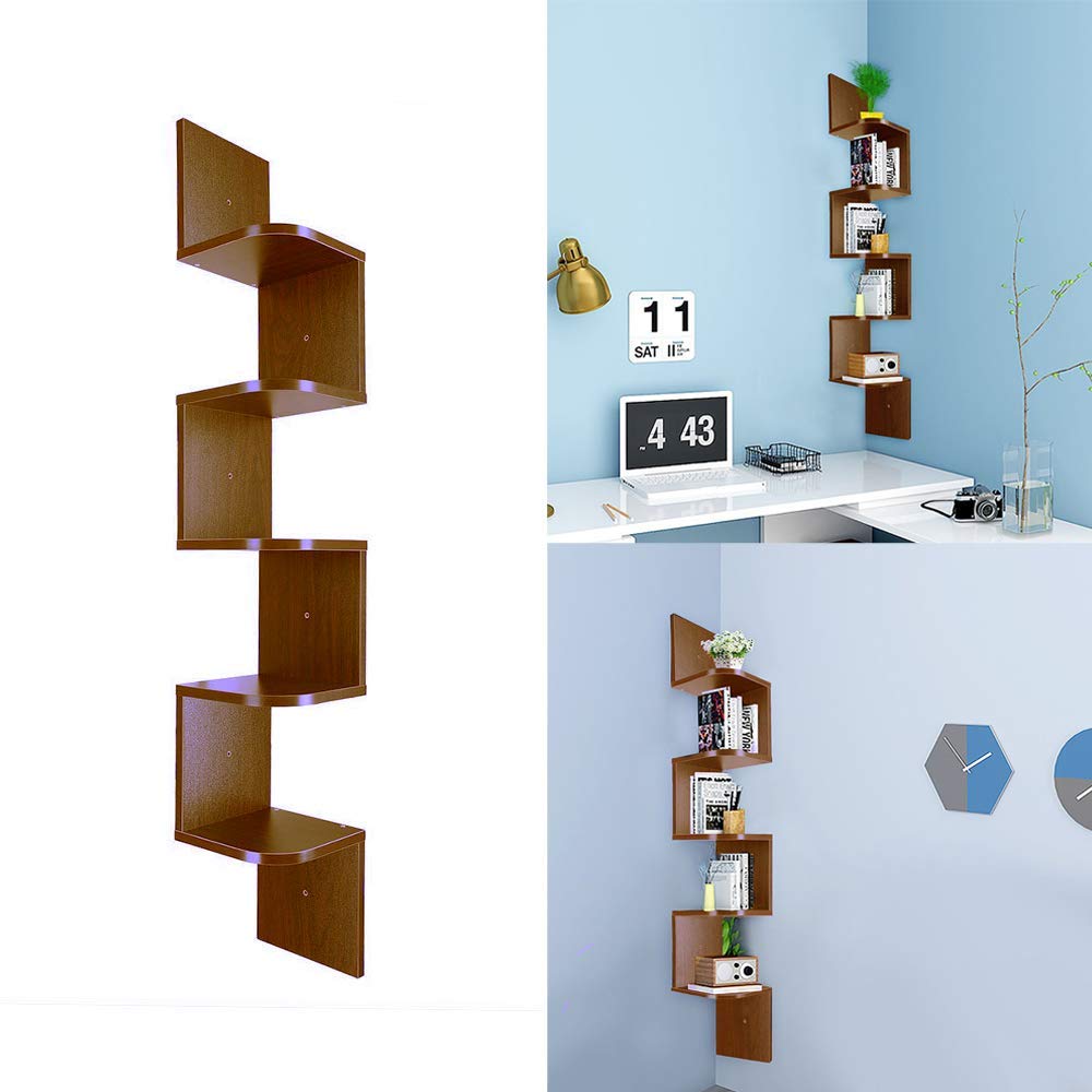 5-Tier Zig Zag Wooden Wall Shelf - Corner Mounted Storage Rack for Bedroom, Bathroom & Kitchen - Space-Saving Home Furniture (Walnut Finish) - Perfect for Organizing Books, Decor & Essentials in Small Spaces