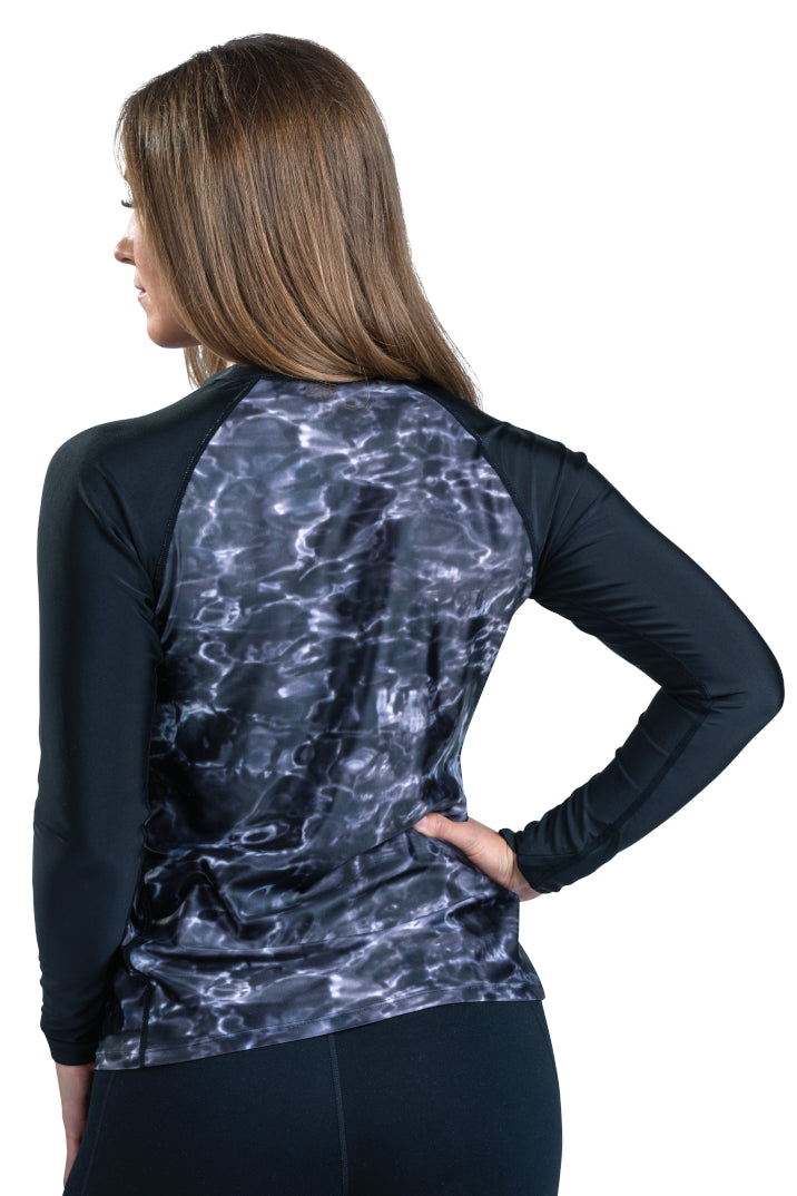 Women's UPF50+ Full Zip Rash Guard Long Sleeve Swim Shirt with Thumb Holes - Aqua Design | Sun Protection for Surfing, Swimming & Water Sports