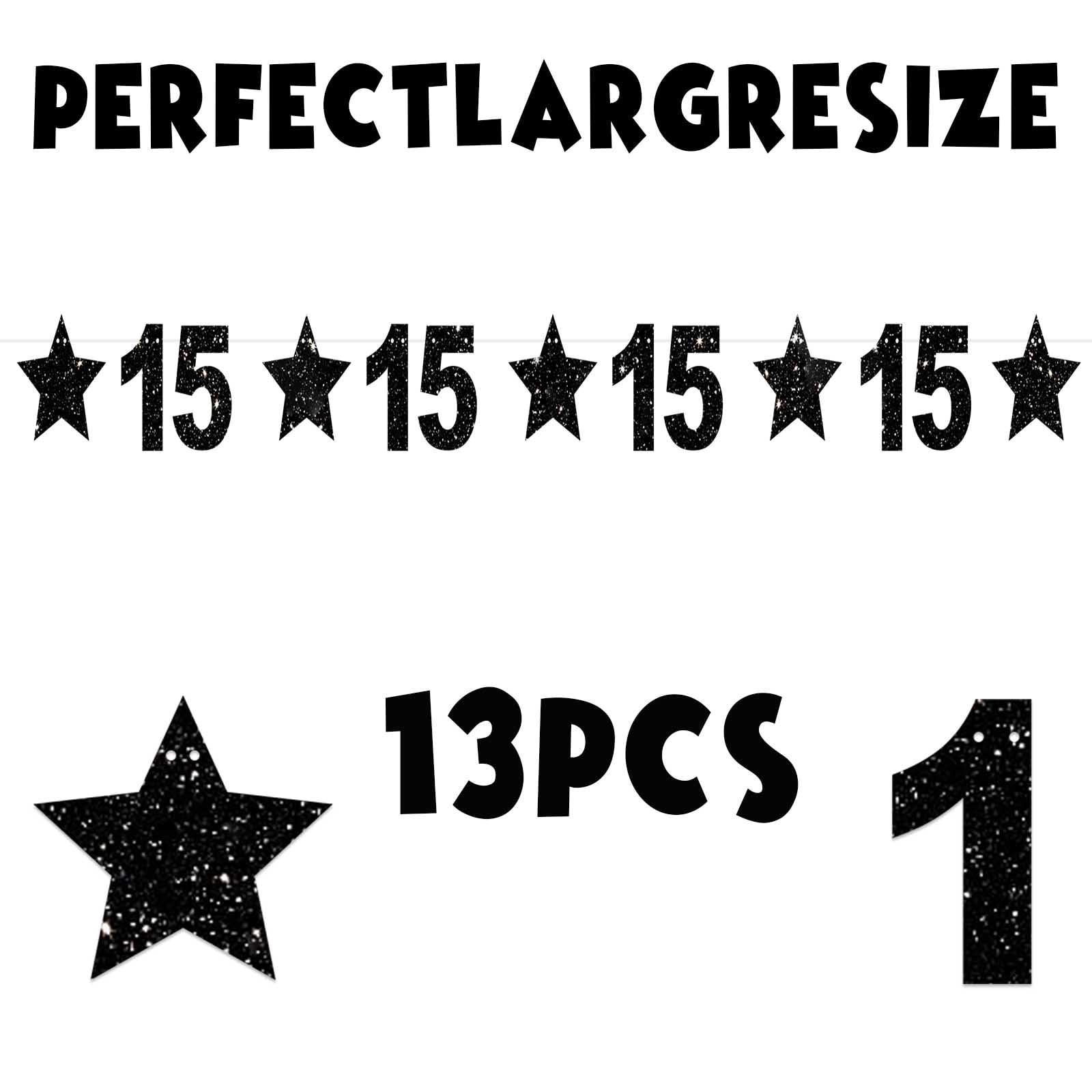15th Birthday Decorations - Glitter Black Star Banner, Shiny Bright Backdrop for Party, Home, Classroom | Cheers to 15 Years Theme | Perfect for Birthday Celebrations, Festivals & Wall Decor