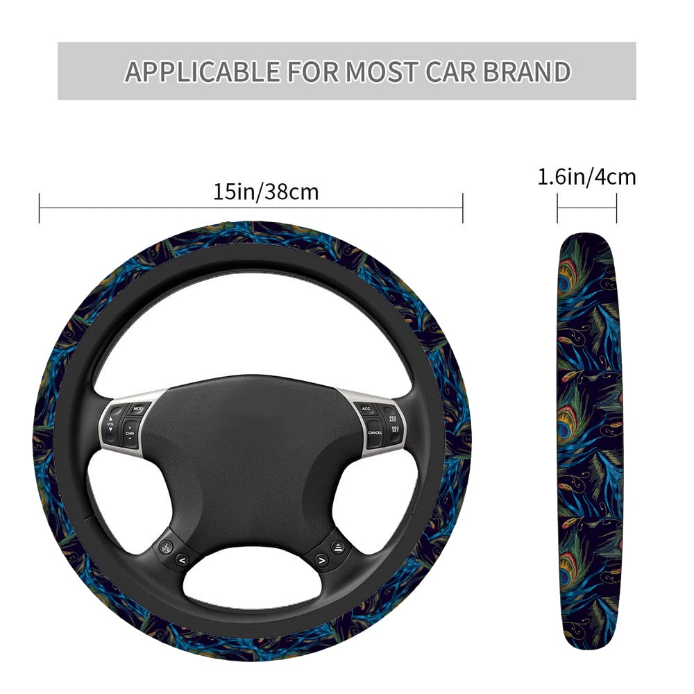 Swono Peacock Feather Steering Wheel Cover - 15 Inch Anti-Slip Neoprene Car Steering Wheel Wrap with Beautiful Blue & Green Feather Design - Universal Fit for Men & Women - Perfect for Summer Driving, Road Trips & Stylish Car Interior Upgrade