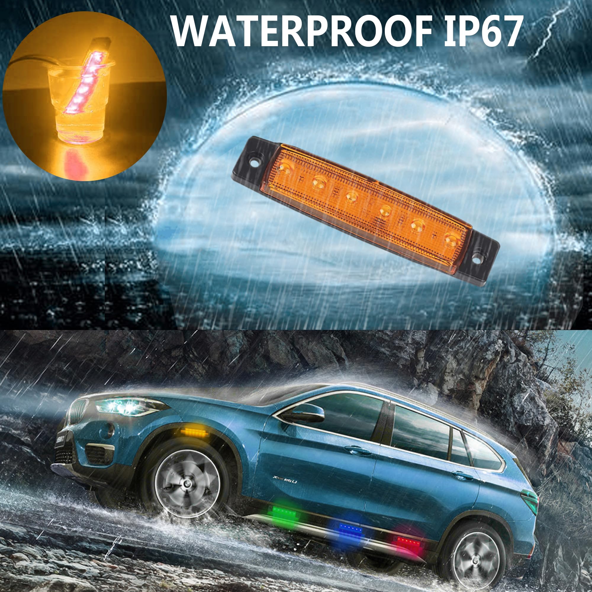 10 Pcs Amber LED Rock Strip Lights - Wheel Well Underglow Lighting Kit for Wrangler, Truck, Golf Cart, RV & SUV | Waterproof Off-Road Side Marker Lights | Perfect for Night Off-Roading, Car Shows & Custom Vehicle Lighting