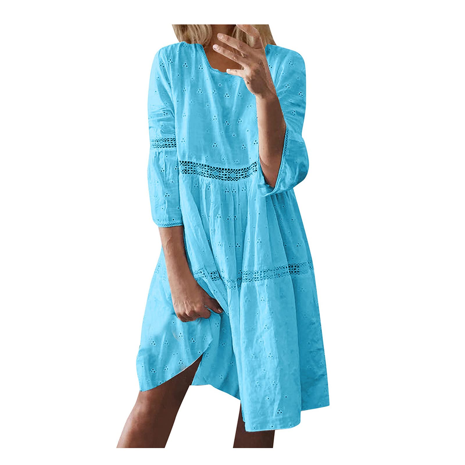 Boho Summer Dresses for Women - Solid Neck Hollow Out Sleeve Casual Midi Dress | Perfect for Beach Vacation, Outdoor Date & Summer Party