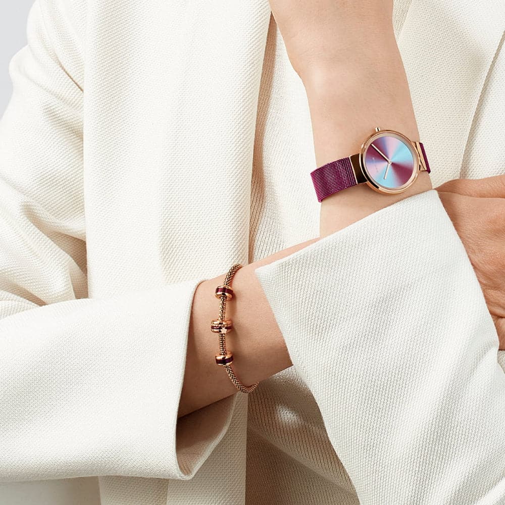 Bering Polished Burgundy Mesh Strap Women's Watch - 10X31 Anniversary Edition - Elegant Dress Watch for Women, Perfect for Business, Party & Special Occasions