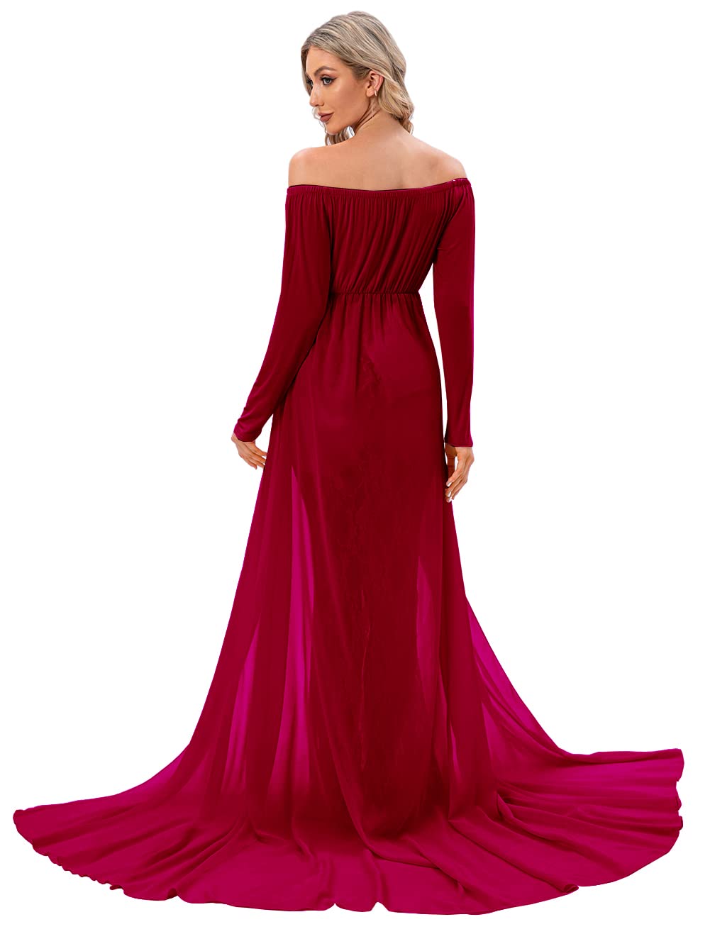 ZIUMUDY Women's Maternity Photoshoot Dress - Elegant Long Sleeve Off Shoulder Lace Gown with Flowy Chiffon Train Layer for Pregnancy Photo Shoots, Baby Showers & Special Occasions