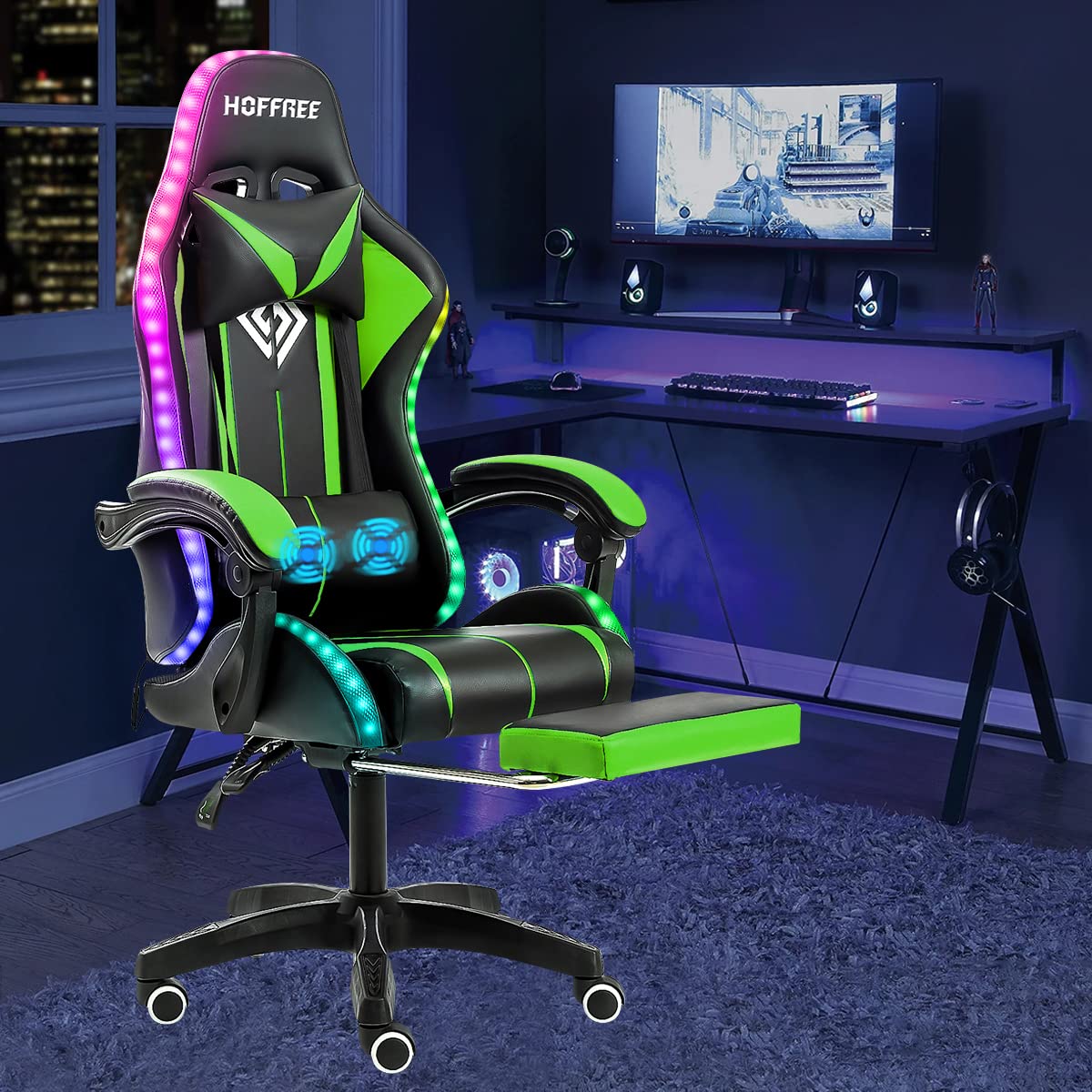 Ergonomic Gaming Chair with Massage, RGB LED Lights & Adjustable Footrest - High Back Computer Chair with Lumbar Support & Linkage Armrest (Green/Black) - Perfect for Esports, Streaming & Home Office Setup