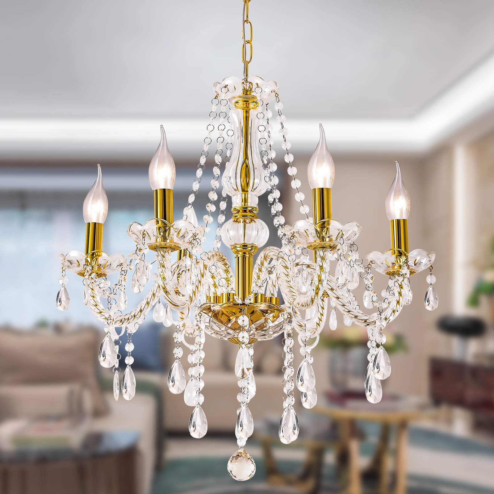 Elegant Crystal Chandelier Lighting Fixture - 6-Light Gold Ceiling Pendant Lamp for Dining Room, Living Room, Bedroom, Hallway & Entryway - Perfect for Home Decor, Wedding & Special Occasions