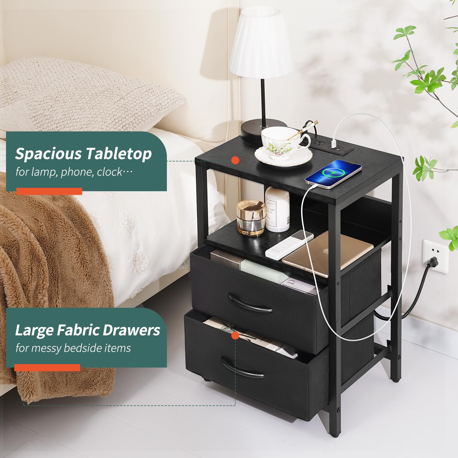 Yoobure Nightstand with Charging Station - LED Bedside Table with USB Ports & Outlets, Fabric Drawers & Storage Shelf - Small Night Stand for Bedroom | Perfect for Phone Charging, Reading Light & Bedside Storage