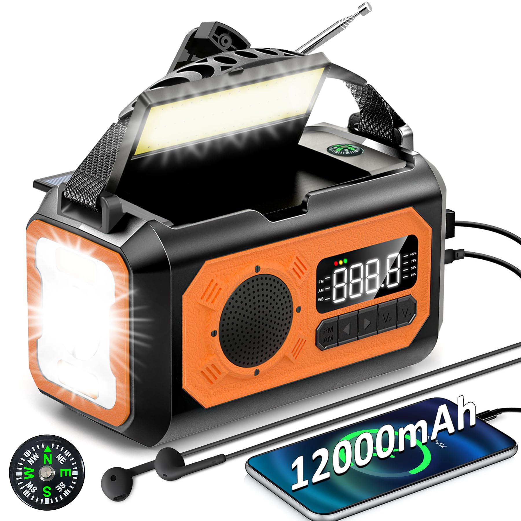12000mAh Solar Hand Crank Emergency Weather Radio - AM/FM/NOAA Portable Radio with Flashlight, Reading Lamp, SOS Alarm, Compass & Power Bank for Outdoor Camping, Hiking, Survival & Emergency Preparedness