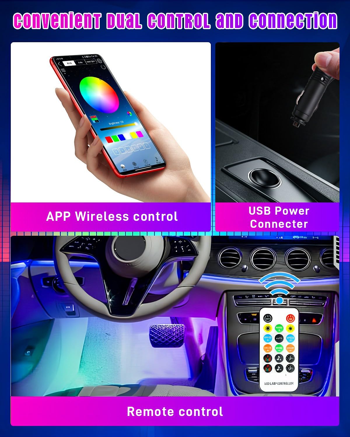 Smart RGB LED Car Strip Lights - APP & Remote Control, 12V Interior Lighting Kit for Footwell & Dash with Music Sync - Perfect for Car Decor & Night Driving
